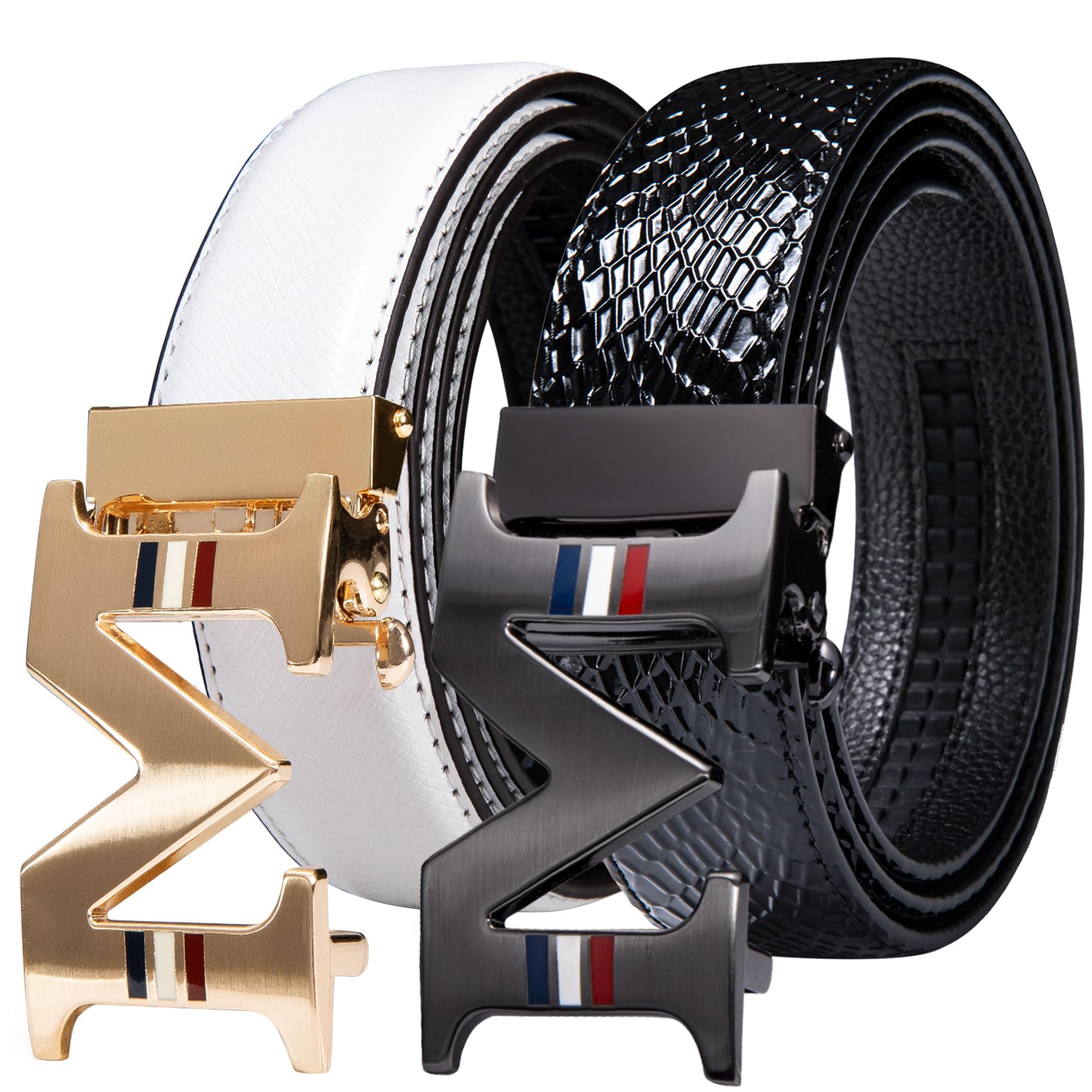 Barry.Wang Men's 2-Pack Ratchet Belts - Genuine Leather, Adjustable Slide Buckle (Gold Tiger/Bull), Trim To Fit Up To 130cm