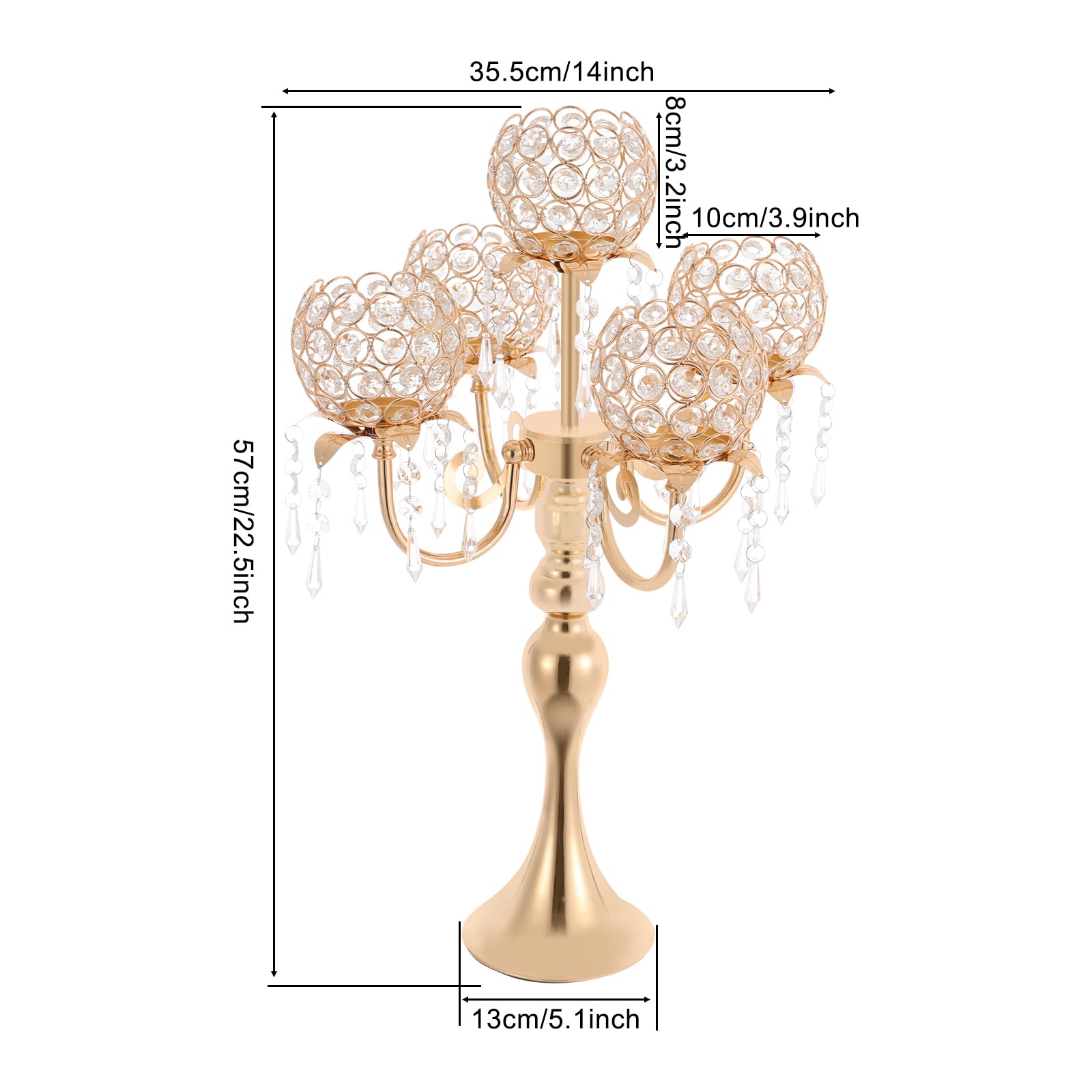 Kristall Kerzenhalter 2er Set 57cm, 5-Armiger Kandelaber Tischdeko, Gold | Moderner Tischkerzenständer für Hochzeiten Abendessen Geburtstage, 13cm Basis Stabil