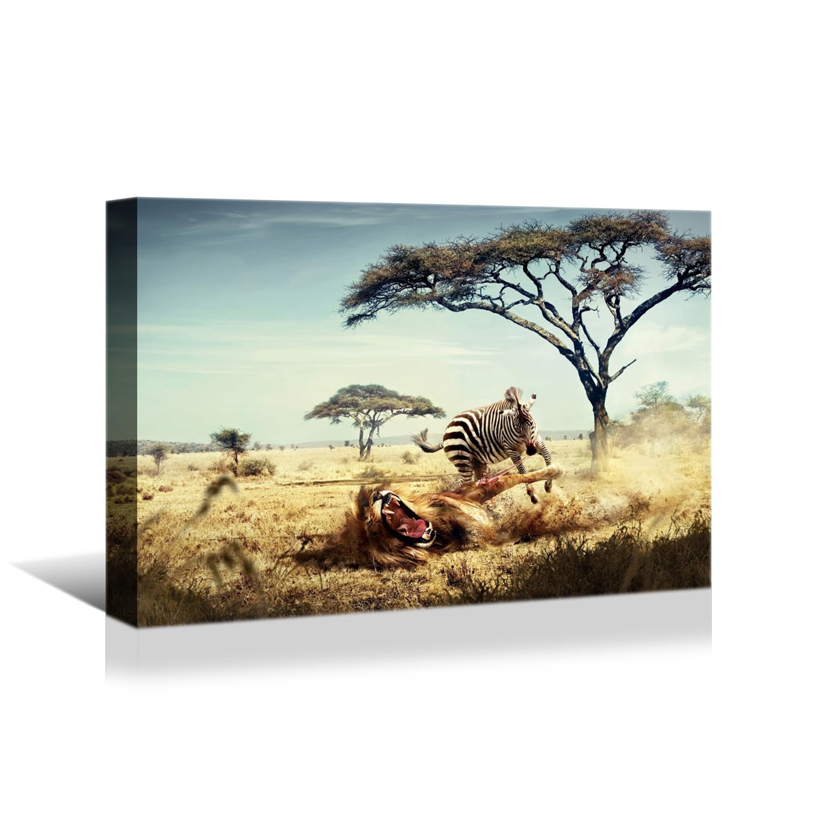 JEBELE Animal Landscape Canvas Wall Art for Wall Decor- Animal Lion Landscape Paintings Print On Canvas HD Giclee Artwork Ready to Hang 16"x12"(40x30cm)