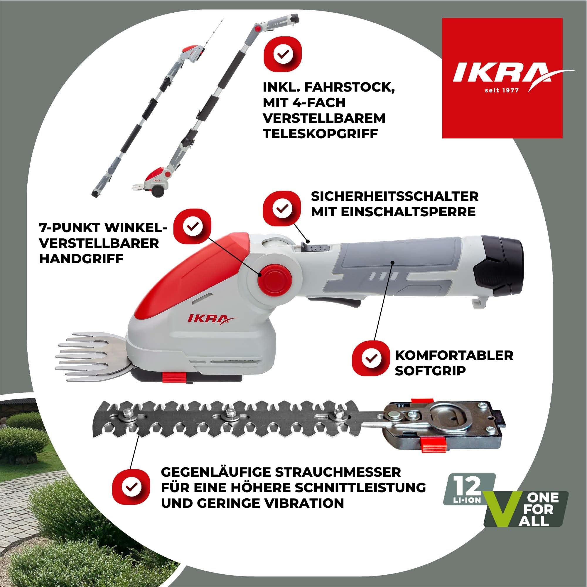 IKRA Akku Grasschere & Buschschere IGBS 1210F, inkl. Teleskop Verlängerung | Inkl. Akku 12V & Ladegerät, 7-fach winkelverstellbarer Griff, Messer Made in Germany, kompatibel mit IKRA 12V Akku-Familie