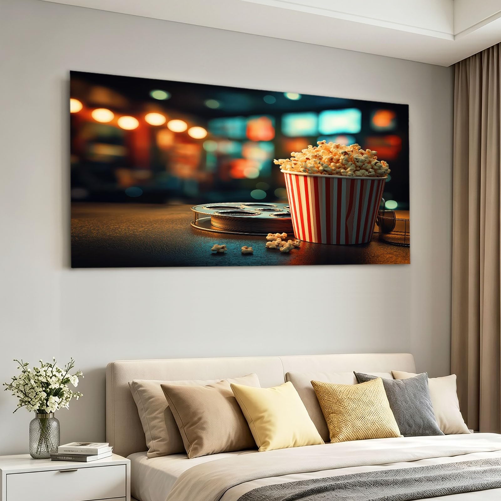Leinwandbild 120 x 80 cm Wandbild Retro - Bild auf Leinwand mit Braun Film Popcorneimer, Wanddeko für Wohnzimmer, Schlafzimmer, Büro Deko Zimmer