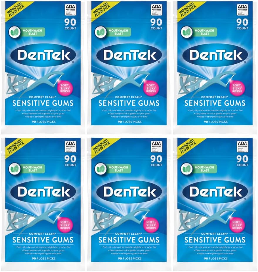 Comfort Clean Floss Picks for Sensitive Teeth, Soft and Silky Ribbon, 90 Count (Pack of 6)
