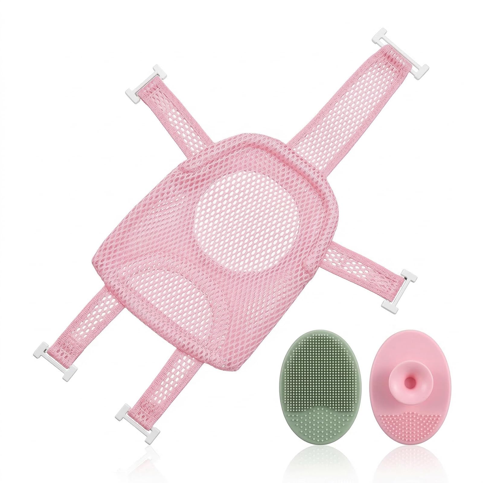 1 Pièce Hamac de Bain Antidérapant pour Bébé, Support de Siège pour Nouveau-né, Pliable et Portable, Deux Brosses à Shampooing Incluses (5 Coins) (Rose)