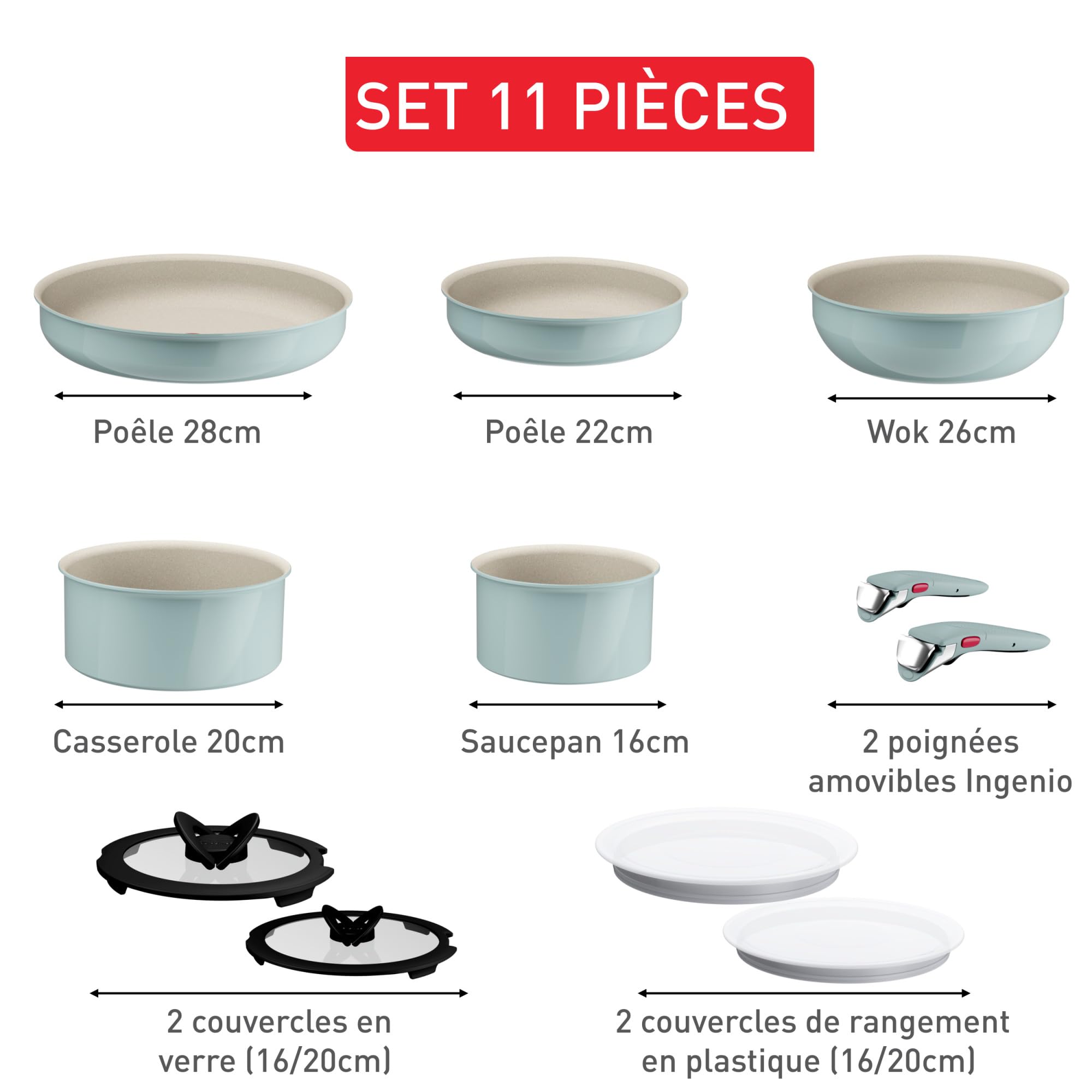 Tefal Ingenio Serenity, Batterie de cuisine 11pièces, Revêtement antiadhésif, Induction, empilable, L828SB04 EUCALYP
