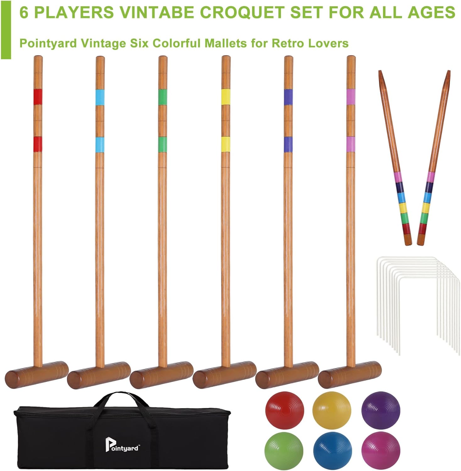 Pointyard 32’’ Six Player Croquet Set, Regulation [Vintage Brown] Croquet Set with Wooden Mallets/Colored Ball/Wickets/Stakes for Adults/Teenagers/Family-Perfect for Lawn/Backyard Game/Park