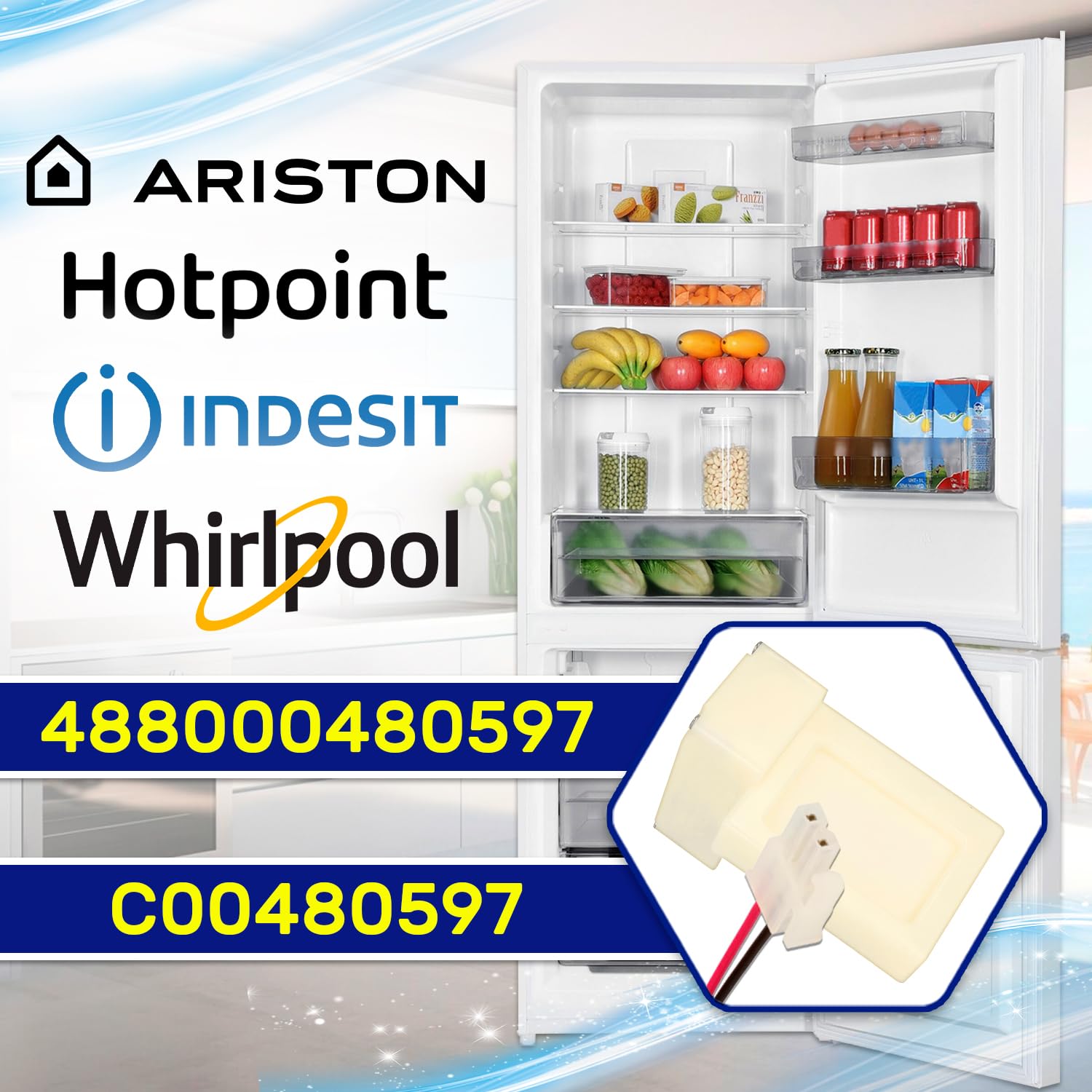 Clapet D'air pour Frigo Congelateur DC12V avec Code Original C00480597 488000480597 pour Whirlpool pour Indesit - Garantie de 10 Ans - MONTERAL