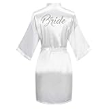 Women's Short Satin Kimono Robes One Size Silver Rhinestones Bride Bridesmaid for Wedding Party Getting Ready