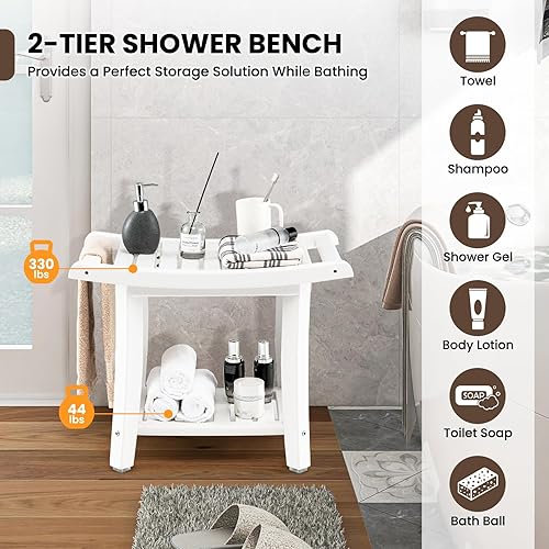 Miniatura 2 de GOFLAME Banco de ducha de 2 niveles, taburete de ducha de baño de spa con asiento curvo, 2 asas fáciles de agarrar, estante de almacenamiento y