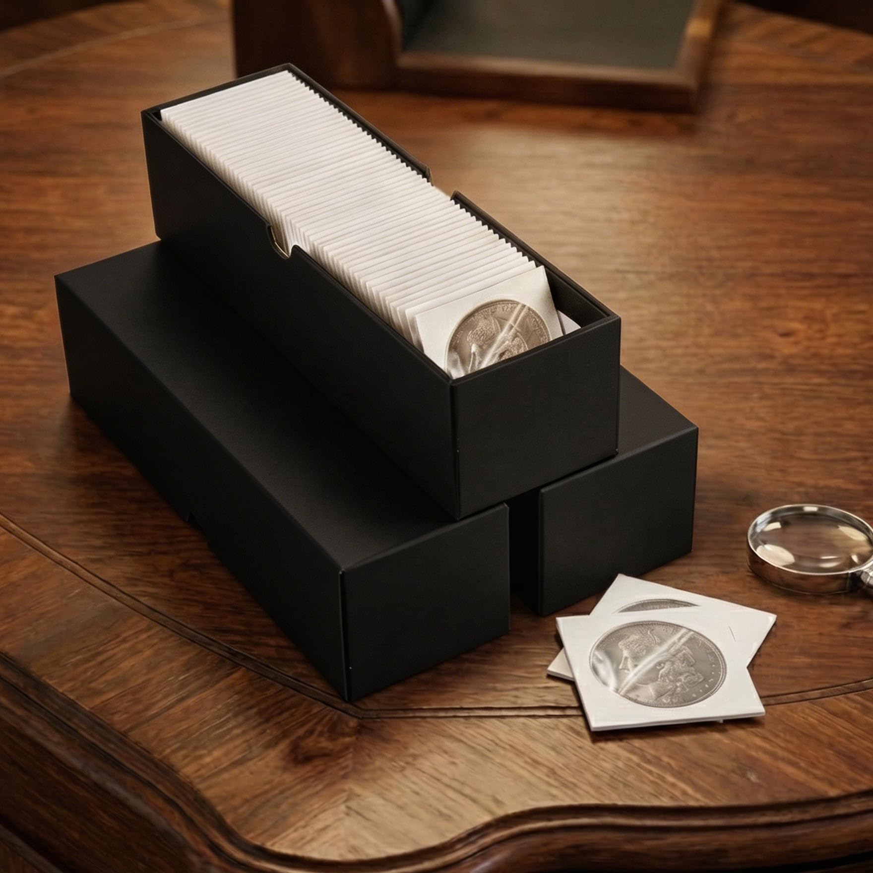 Klmnop Lot de 300 rabats pour pièces de monnaie avec 3 boîtes de rangement de 5 x 5 cm, porte-pièces en carton pour pièces de monnaie de 6 tailles, étui de rangement pour pièces de monnaie (noir)
