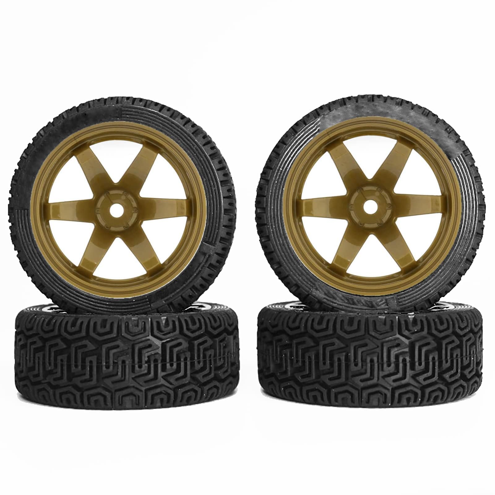KINGCOO 4PCS 68mm RC Rally Car Rubber Tires and Plastic Wheel Rims Tyres 12mm Hex for 1/10 RC On-Road Flat Run Racing Touring Car for Tamiya HSP HPI WR8 TT02 Kyosho (Gold)