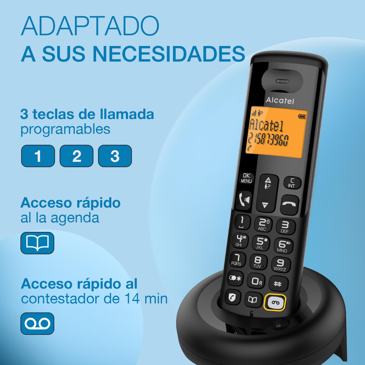 ALCATEL E260 S. Voice Dúo- Teléfono inalámbrico DECT con contestador automático -Diseño Compacto - Gran Pantalla retroiluminada - Manos Libres - Bloqueo de Llamadas no deseadas - 2 terminales - Negro