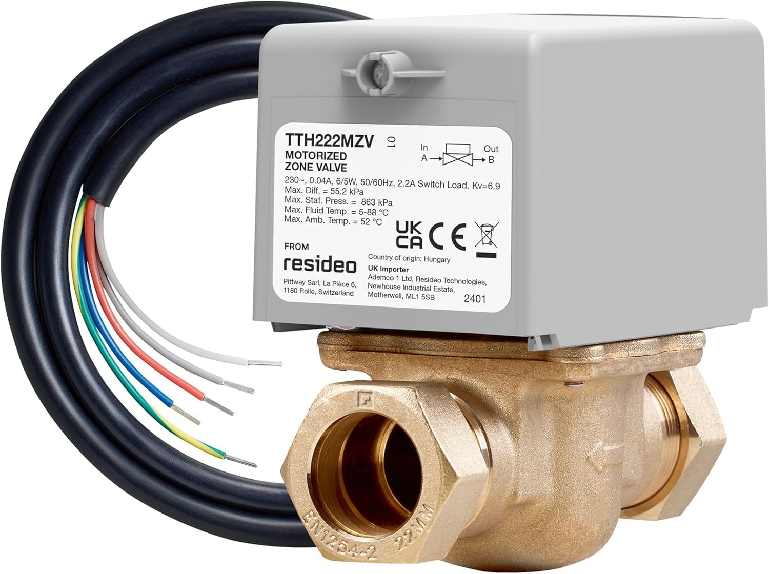 Resideo TotalHome TTH222MZV - 22mm 2 Port Motorised Zone Valve, 5 Wire 230V Spring Return, Honeywell Home V4043H1056 Replacement, Central Heating