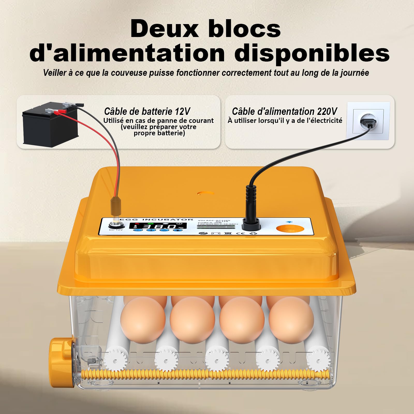 Couveuse Oeuf Automatique avec Contrôle de Température Retournement Automatique pour 16 Oeufs, Incubateur Oeuf rouleaux réglables et ajout automatique d'eau, Couveuse Mire Oeufs Intégré