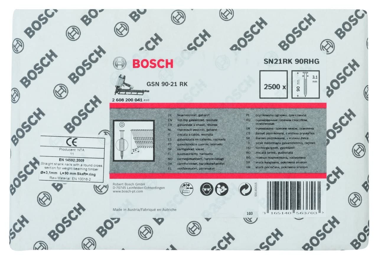 Bosch 2500x Clous en bande PRO SN21FH RG, tête pleine 21° (Longueur 90 mm,)
