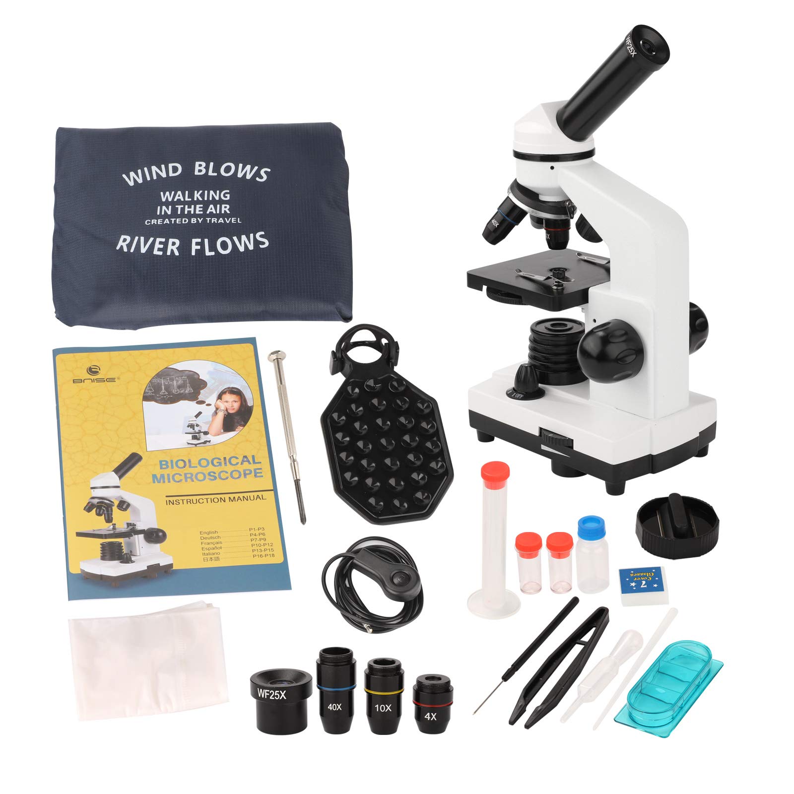 Microscopio para Niños 100X-1000X Microscopio Profesional Dual inalámbrico LED Iluminación Laboratorio Compuesto Microscopios monoculares con Lentes de Vidrio óptico y 15 Diapositivas