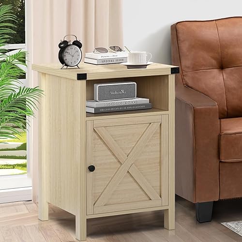 Miniatura 4 de Mesa auxiliar de granja, mesa auxiliar, mesita de noche, mesa auxiliar con puerta de granero y estante, mesita de noche rústica y moderna para