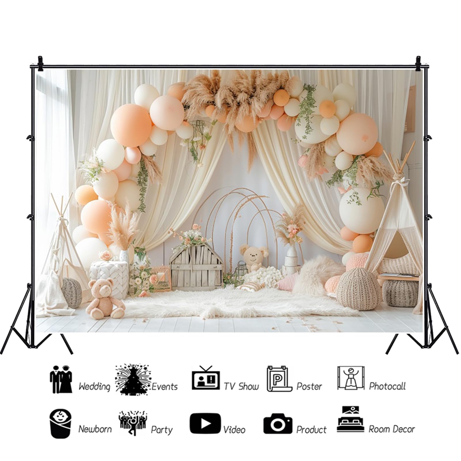 1° Compleanno Sfondo per Ragazza 3.6x3m, Boho Balloon Rainbow Bear Tenda Compleanno Tema Sfondo Fotografico per Principessa 1° Compleanno Baby Shower Festa Decorazione Banner Studio Props