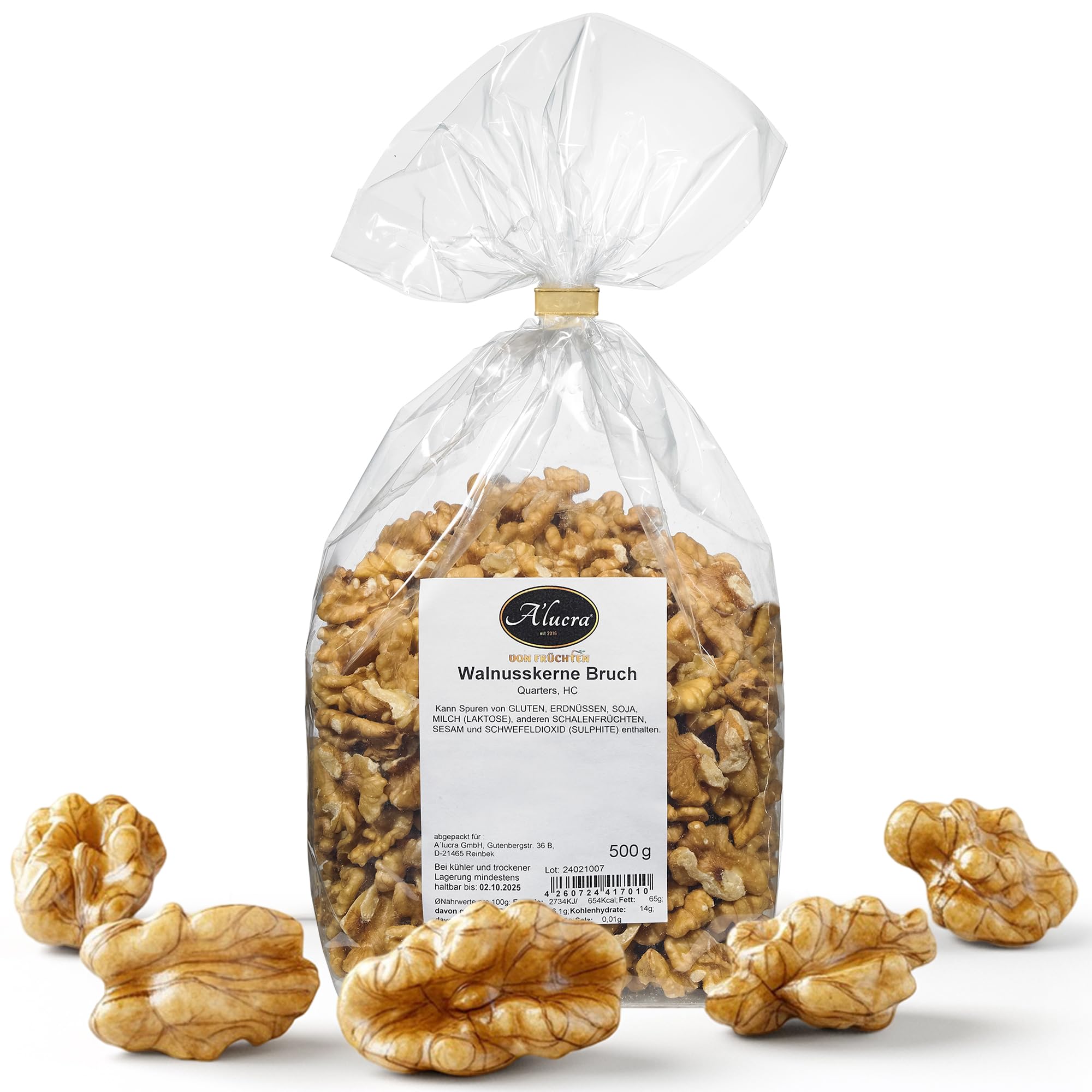 Alucra Wallnüsse naturbelassen - Walnusskerne extra hell - Handgeknackt aus Chile - Walnussbruch reich an Omega-3 - Walnüsse geschält ohne Zusätze - 500g Packung