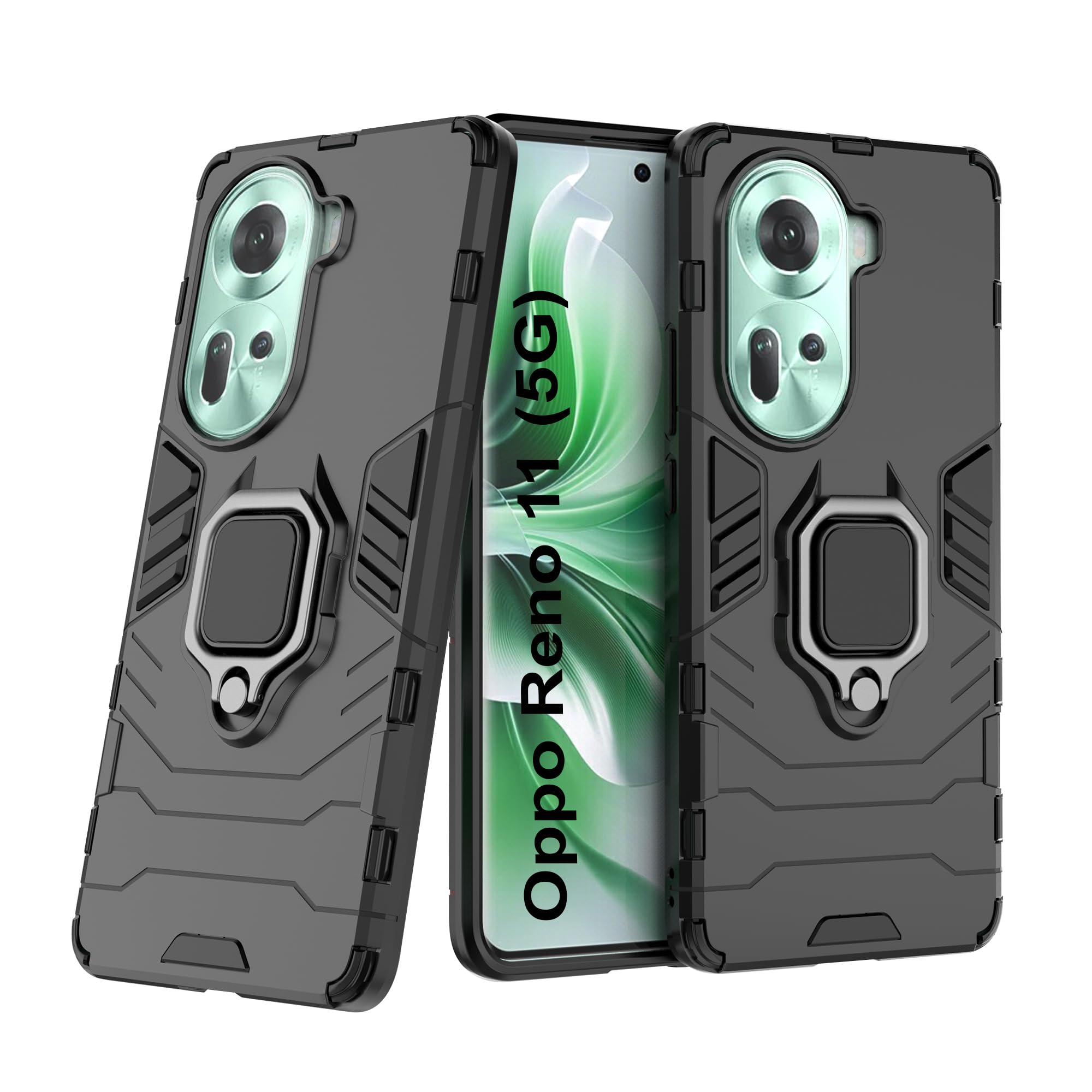CEDO Rugged Oppo Reno 11 (5G) Defender Case | Rotating Ring Holder & Kickstand in-Built | Military Grade Armor | Bumper Back Cover (Black)