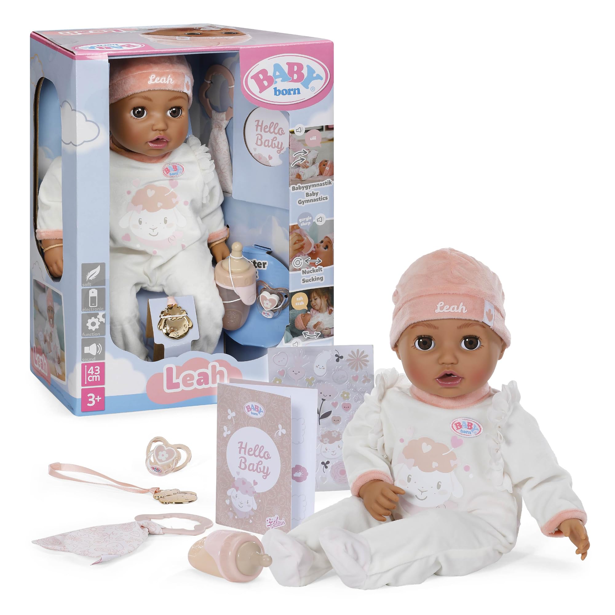 BABY born Leah 43cm, soft doll with 7 electronic functions and sound for children from 3 years, incl. Accessories