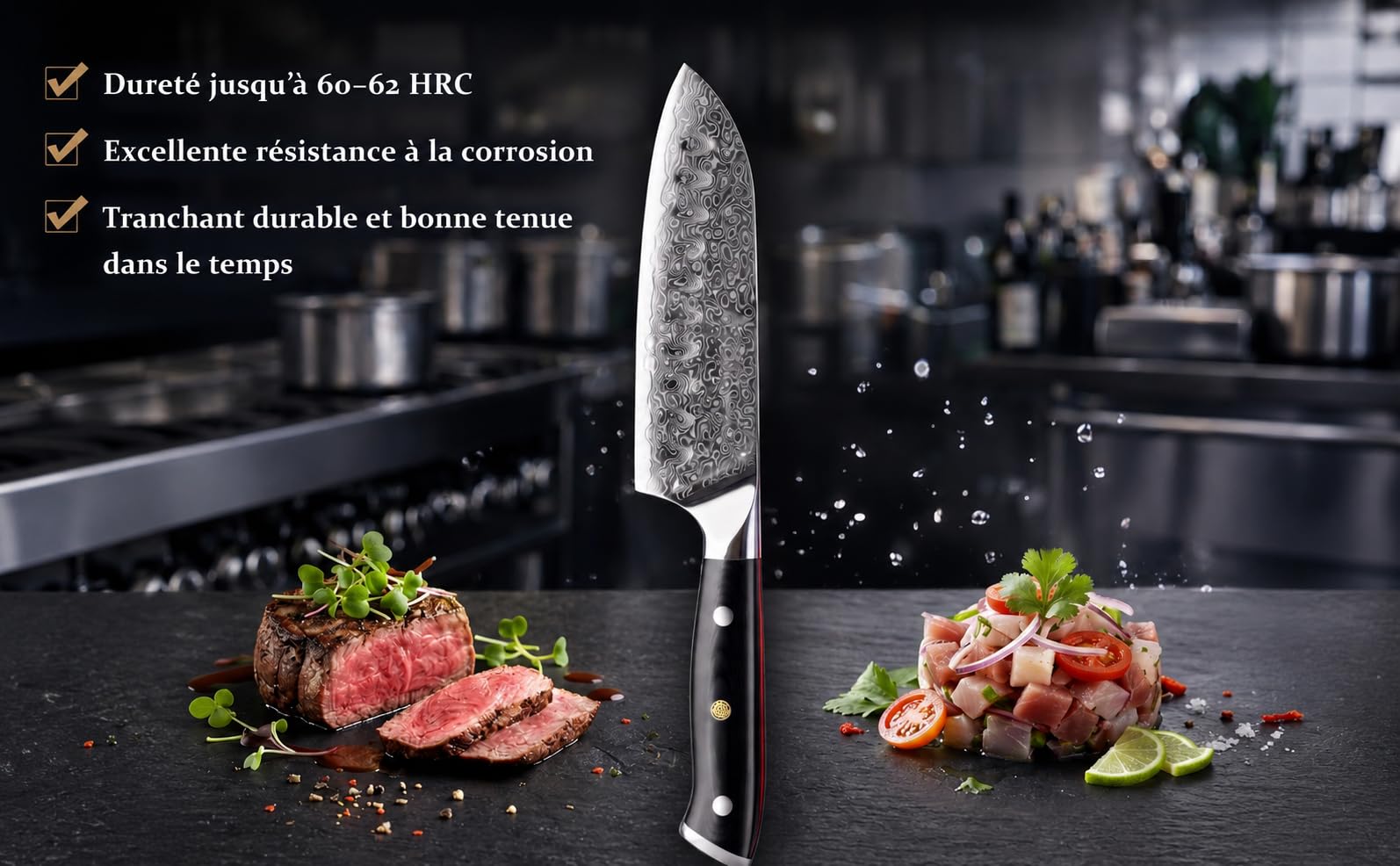 Couteau Santoku Japonais 13cm – Lame Brut de Forge – Acier Damas 67 Couches 10Cr15CoMoV 62HRC – Couteau Cuisine Ultra-Tranchant – Manche G10 Noir & Coffret Cadeau Premium