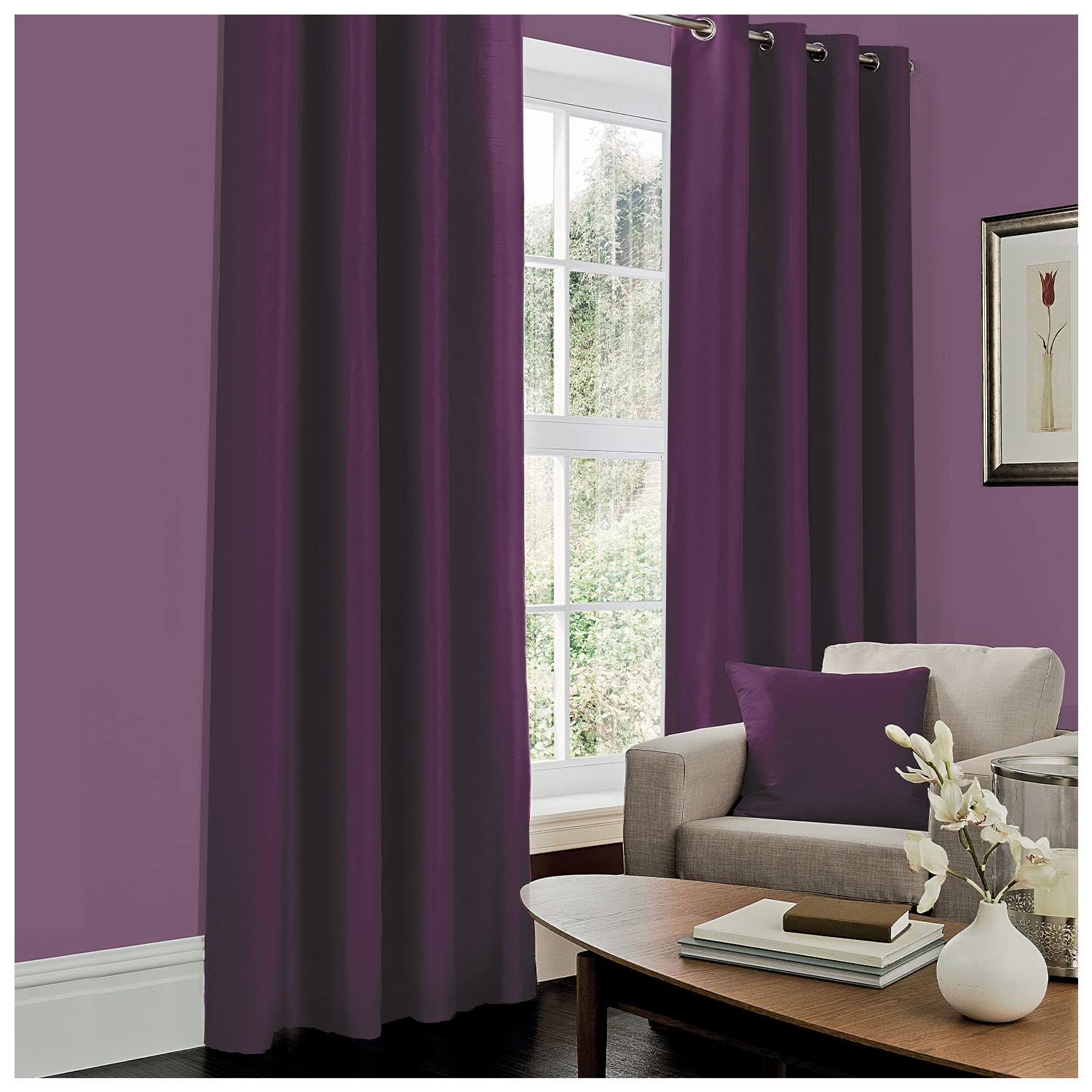 Gaveno Cavailia Luxury Fully Lined Plain FAUX SILK EYELET CURTAINS With Tie Backs Aubergine 66x54 In