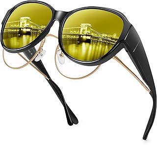 URUMQI Night Vision Glasses Fit Over Glasses for Women Driving, Oversize Polarized Cat Eye Night Time Drive Glasses Anti Glare Yellow Lens