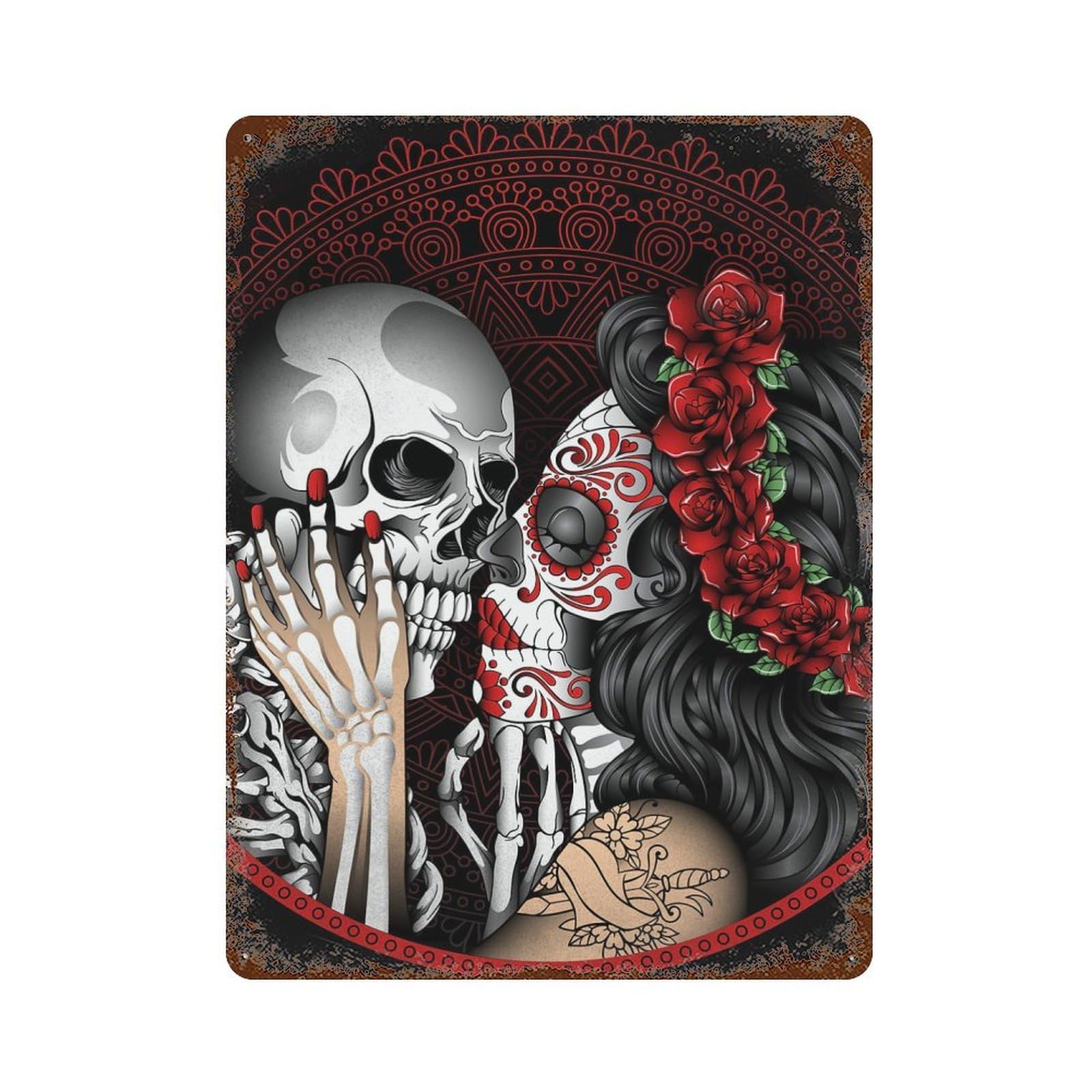 Rust Effect Catrina Skull Kiss Vintage Rust Metal Sign 15.7"x11.8", Rustic Home Decor for Farmhouse, Kitchen And Entryway Decor
