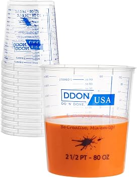 Paint Mixing Cups 80 Oz, 10-Pack - Disposable Plastic Graduated Measuring Cup for Epoxy Resin, Automotive Paint & Art Projects | Pre-Printed Mix Ratios