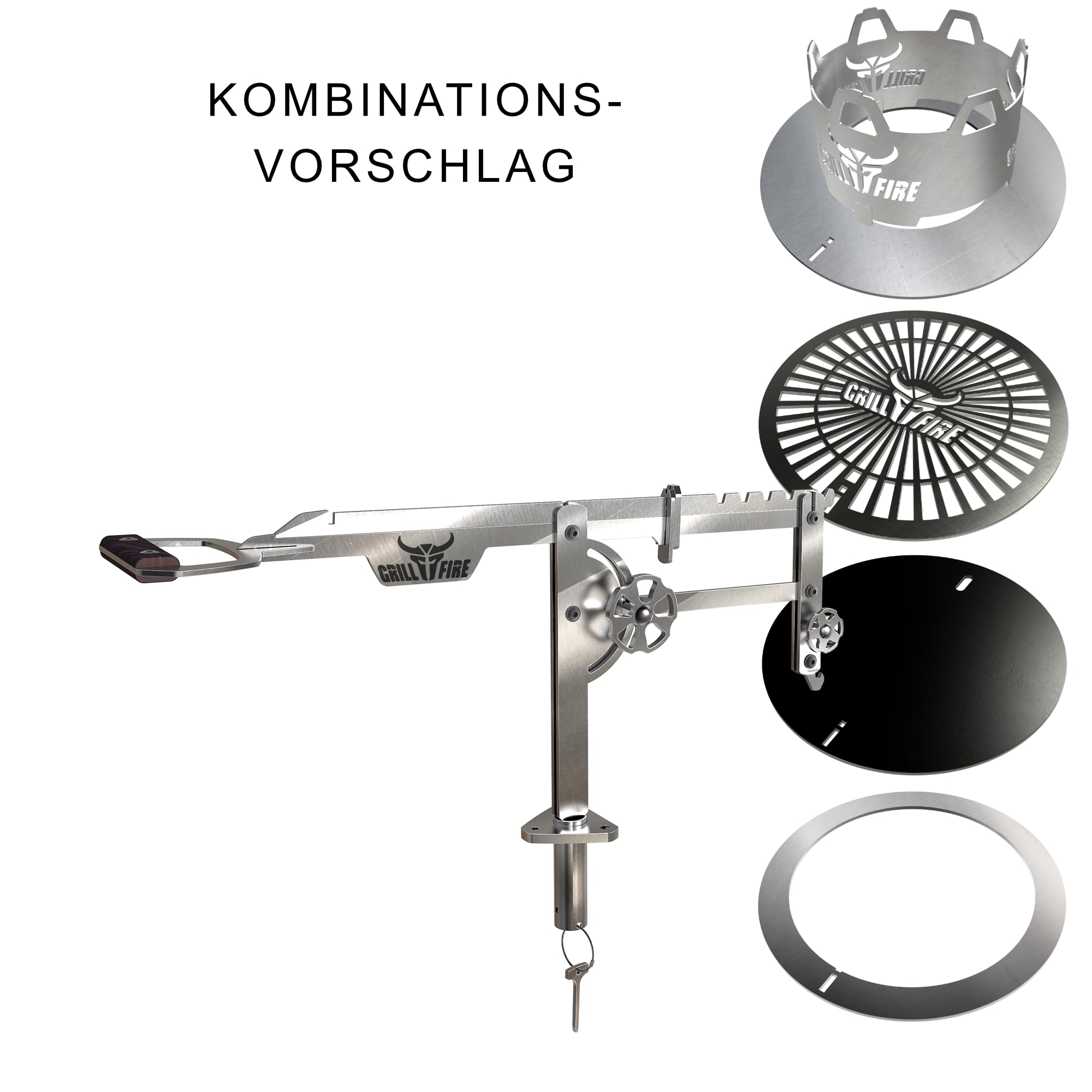 Grillfire XT-SET GRILLHAND – Höhenverstellbarer Edelstahl-Grillarm für FX-Feuerplatten | Werkzeuglos montierbar | Mit Lampenhalter & Zubehörfunktion für Dutch Oven & Schaukelrost