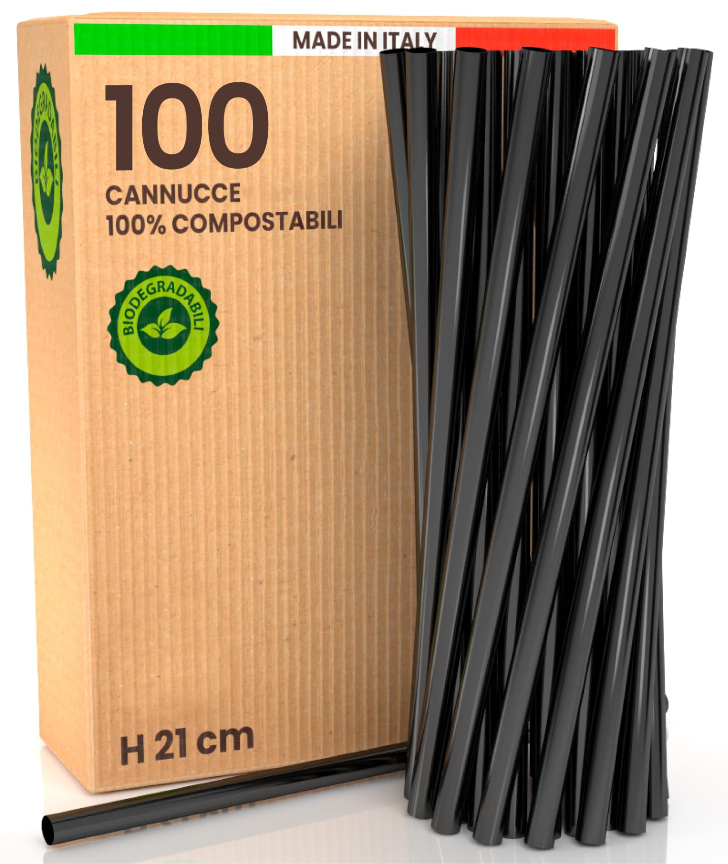100 Cannucce Rigide e Riutilizzabili 100% Ecologiche e Compostabili - Colore Nero 21cmx6,8mm Lisce e Resistenti - Made in Italy - Eventi Feste Bevande e Cocktail - Baciato Caffè