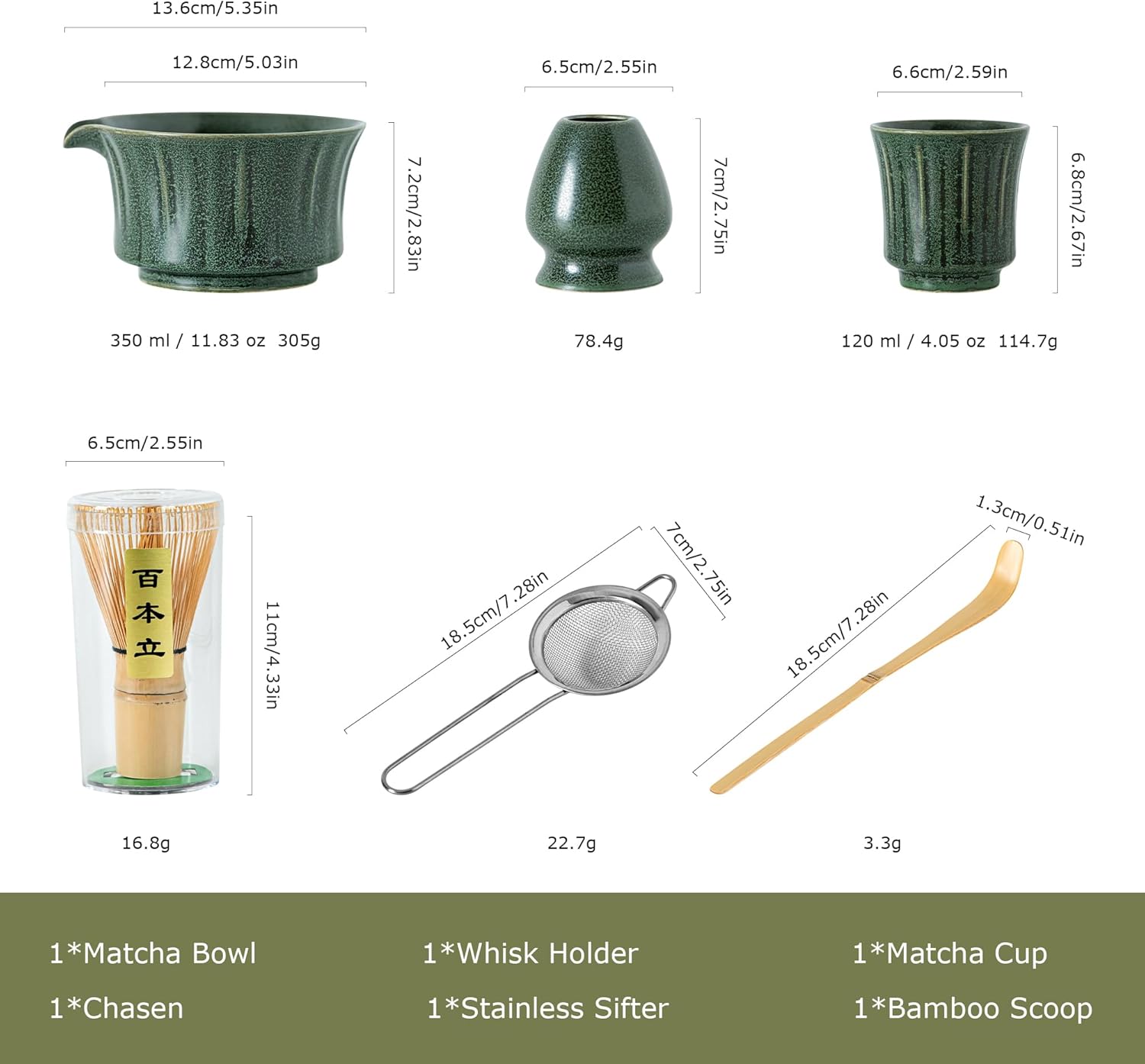 Green Ceremony Matcha Kit -Matcha Bowl with Spout, Sifter, Ceramic Holder, Bamboo Whisk (Chasen), Scoop & Tasting Cup – Complete Matcha Kit Gift for Tea Enthusiasts Christmas (Matte Glaze Finish)