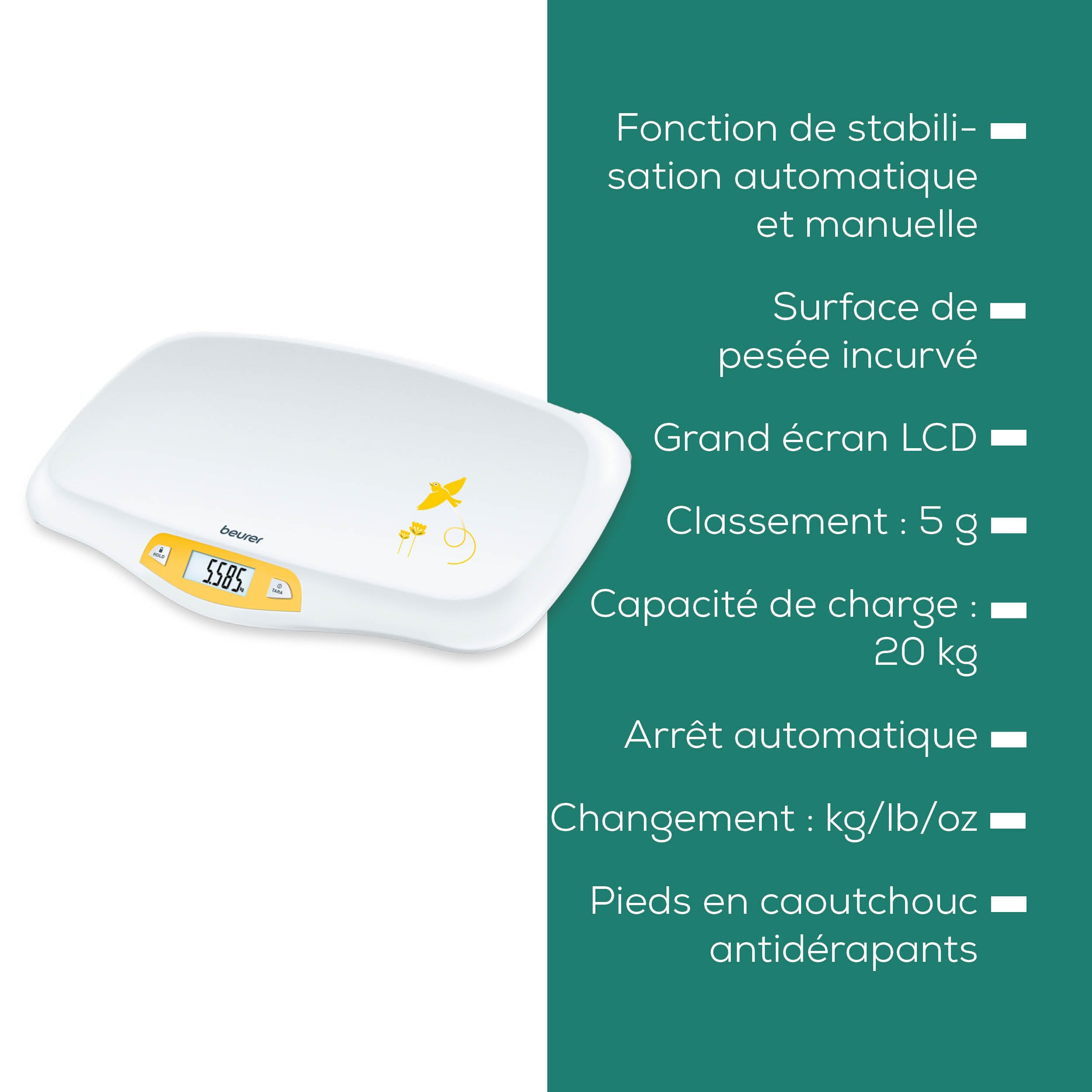 Beurer BY 80 Pèse-bébé avec surface incurvée, capacité de 20 kg, fonction de tare et de maintien pour les bébés qui donnent des coups de pieds, mesure et affichage par graduation de 5g