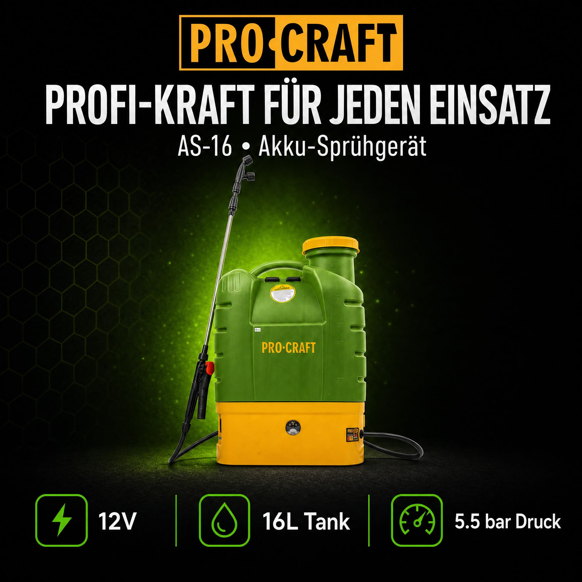 PROCRAFT AS-16 Spruzzatore a Batteria 12V 16L 5.5Bar + Batteria Integrata 8.0Ah + Caricatore