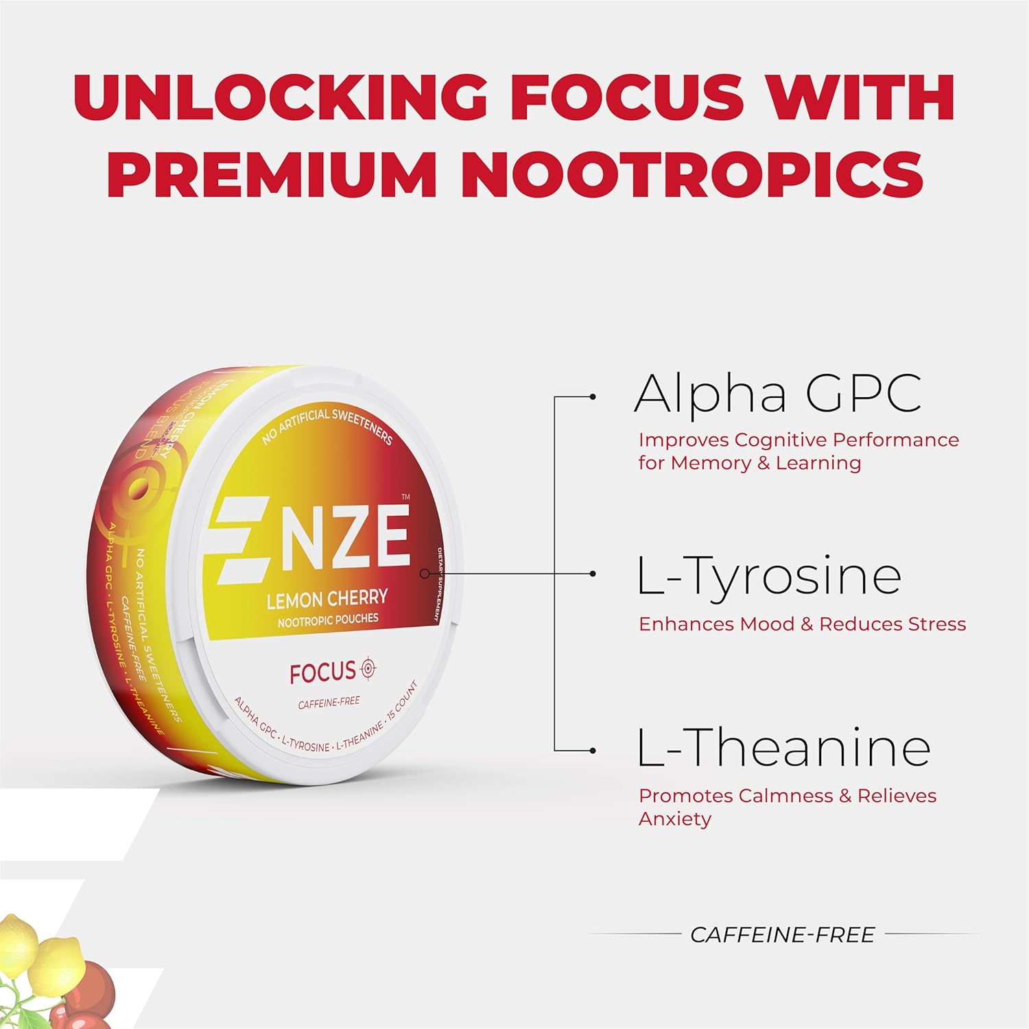 NZE Caffeine Free Nootropic Pouches (Lemon Cherry) - Nootropic Pouches with Alpha GPC, L-Tyrosine & L-Theanine - No Sugar or Artificial Sweeteners - 15 Pouches Per Can - 5 Pack - Image 4