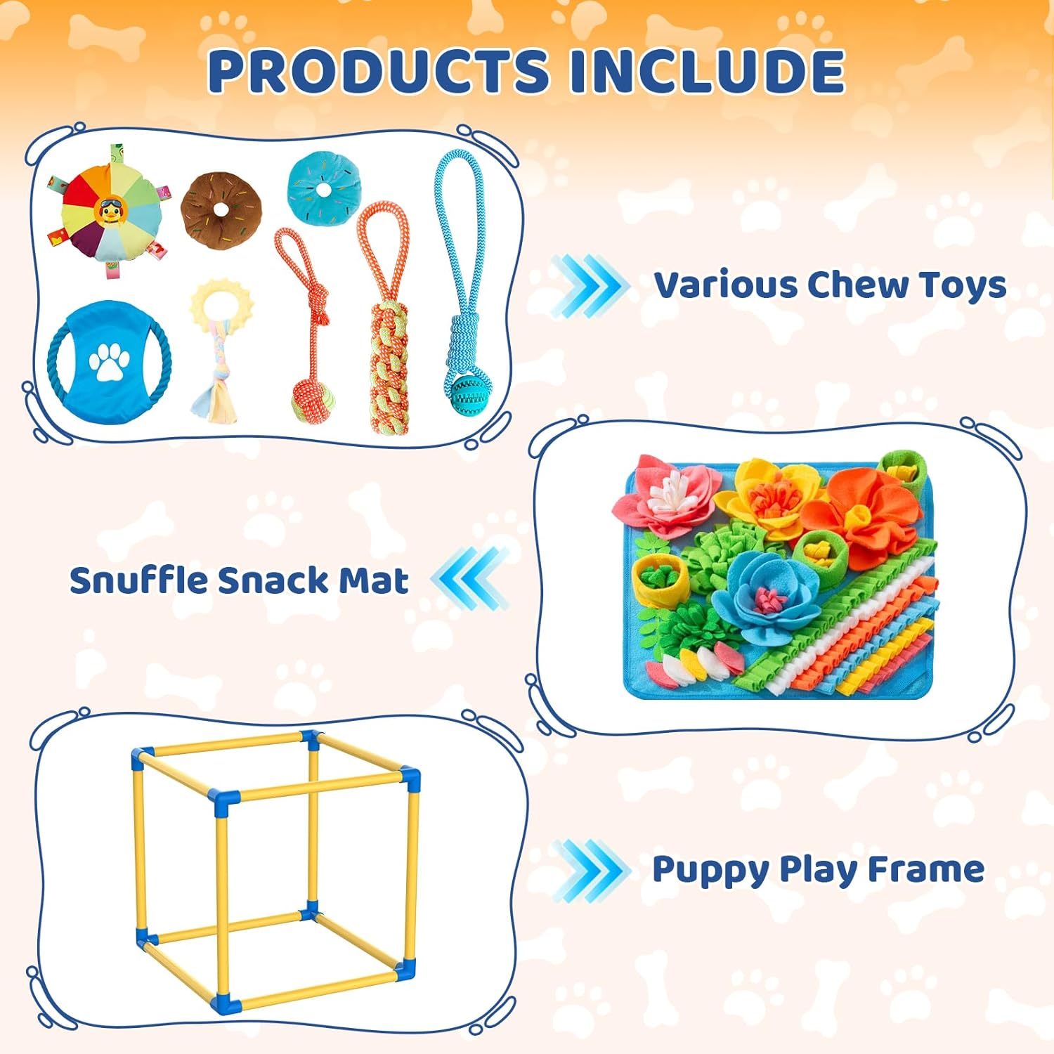 Puppy Play Gym with Snuffle Mat & 8 Hanging Toys Indoor Play Gym Interactive Dog Toys for Boredom Enrichment Activity for Small Dog PVC Frame Stretchy Rope with Velcro (Yellow,19.6 x 19.6 x 19.6 inch)