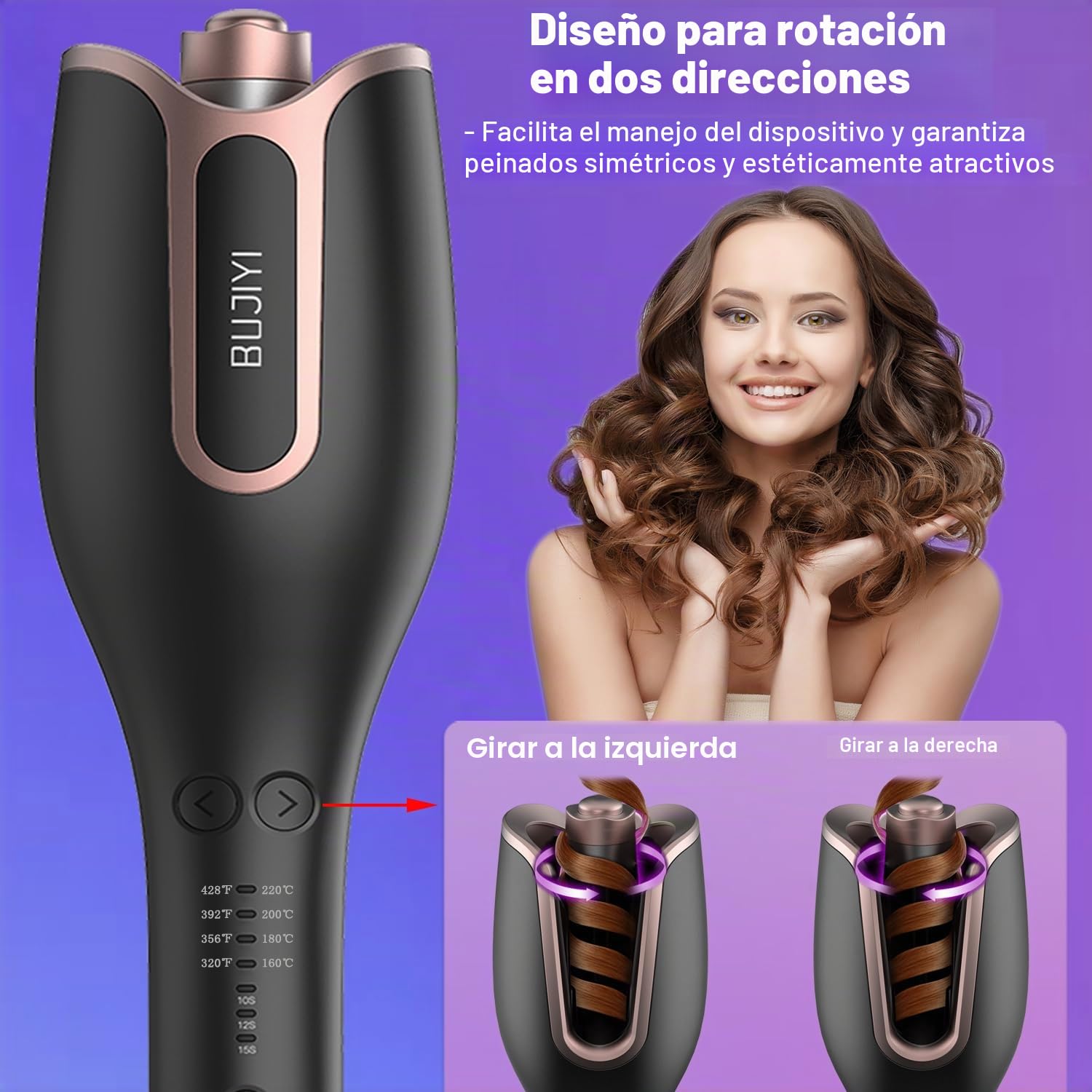 Rizador de Pelo Automatico, Rizador Pelo Ondas, con 4 Niveles de Temperatura Ajustables, 3 Opciones de Tiempo de Calentamiento, Diseño Antiquemaduras, no Daña el Cabello