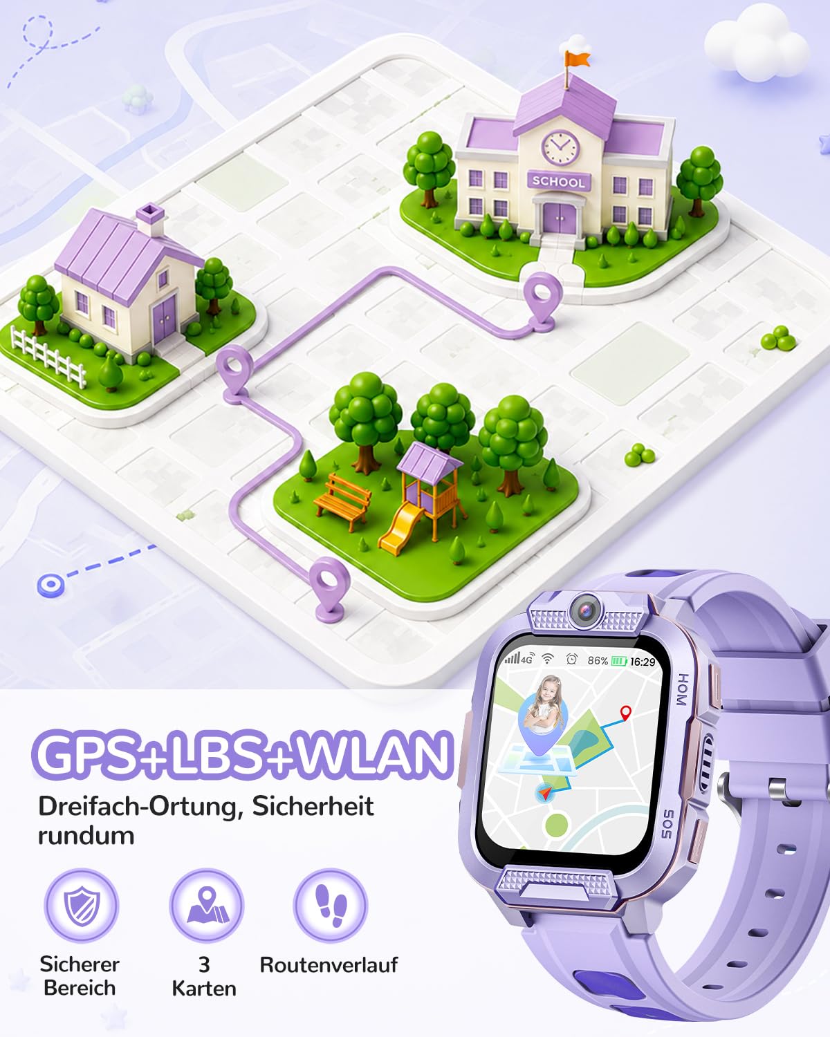 Neue Smartwatch Kinder Videoanruf/GPS/SOS/Schulmodus, Geschenke (Lila)