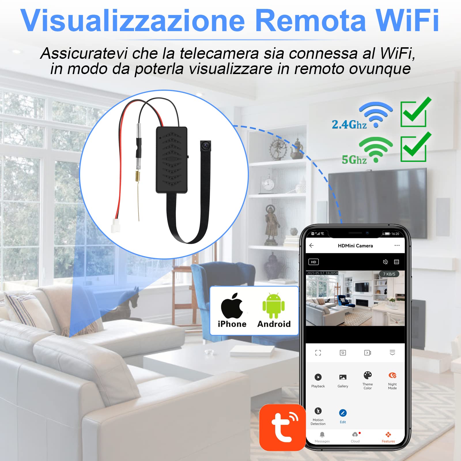 Telecamera Spia WiFi 5G, Mini Telecamera Nascosta Senza Fili 1080P HD Microcamera Spia Wireless con App/Rilevamento di Movimento Spy Cam Videocamera per Interni Tuya APP