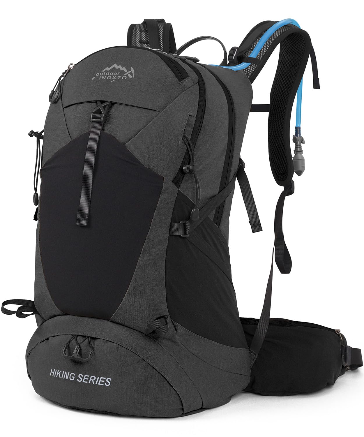 INOXTO Sac à dos de randonnée 25 L avec sac à eau 3 L, sac à dos de randonnée léger avec housse de pluie pour alpinisme, randonnée, camping, sports de plein air pour homme et femme (Noir gris)