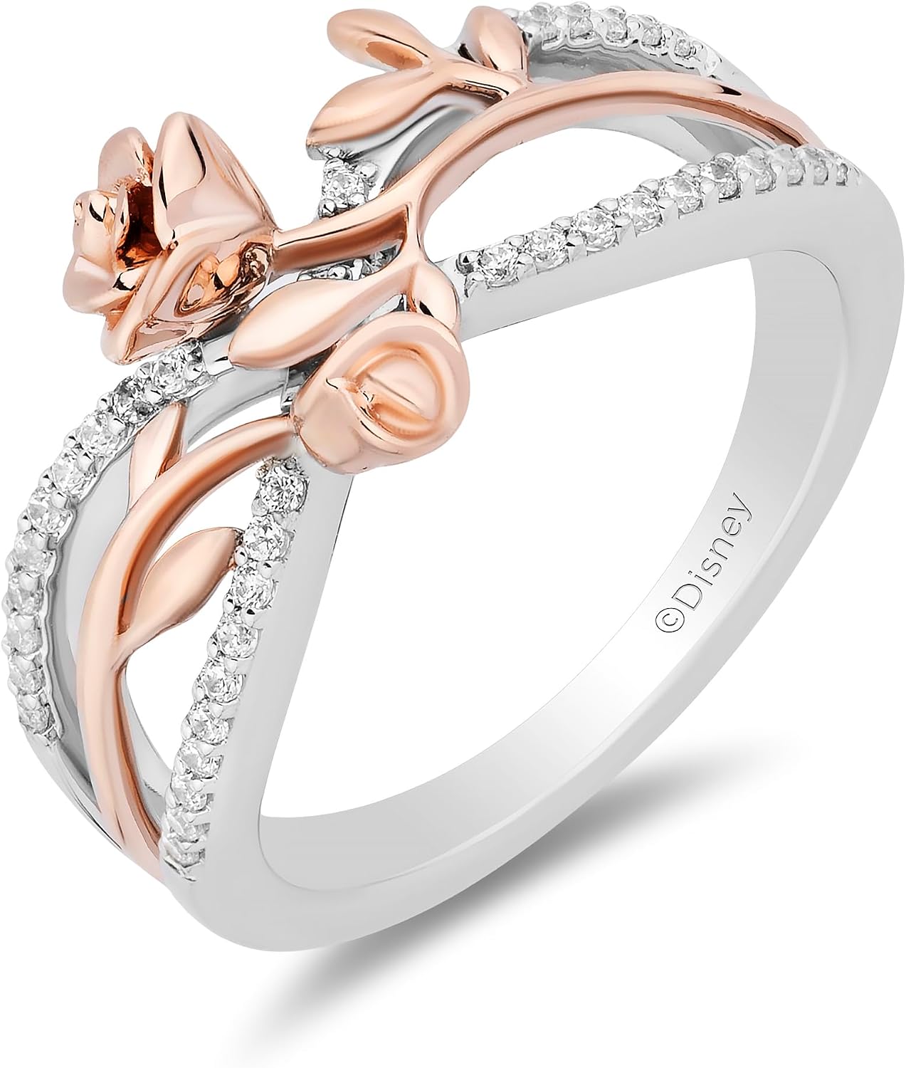 Jewelili Enchanted Disney Fine Jewelry 14K Rose Gold over Sterling Silver with 1/6 CTTW Diamond Belle Crossover Ring