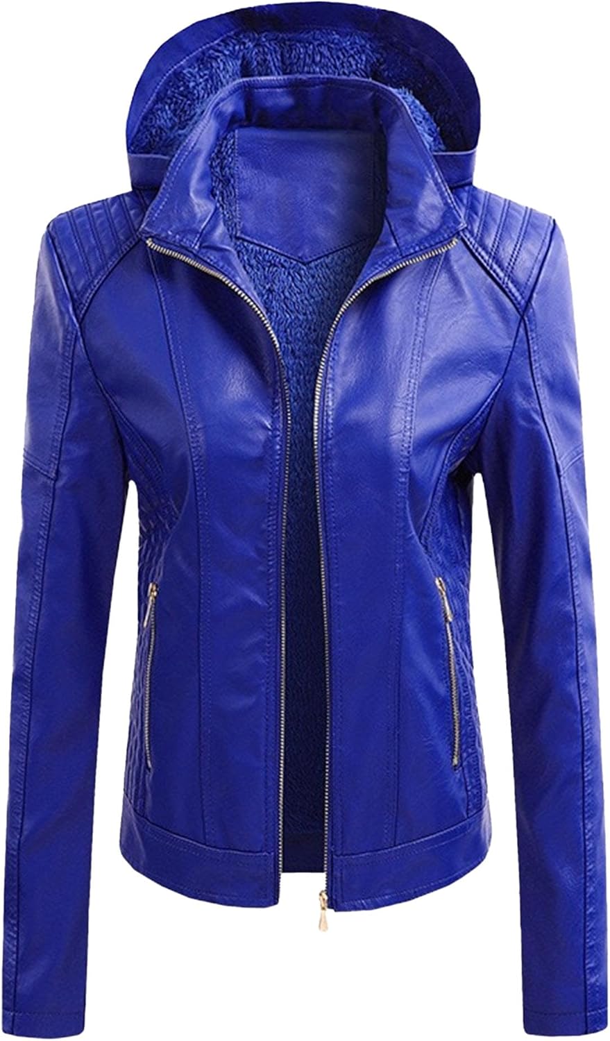 Women's Removable Hooded Solid Coat Zip Up Faux Leather Coat Jacket Slim Fit Motorcycle Casual Outerwear