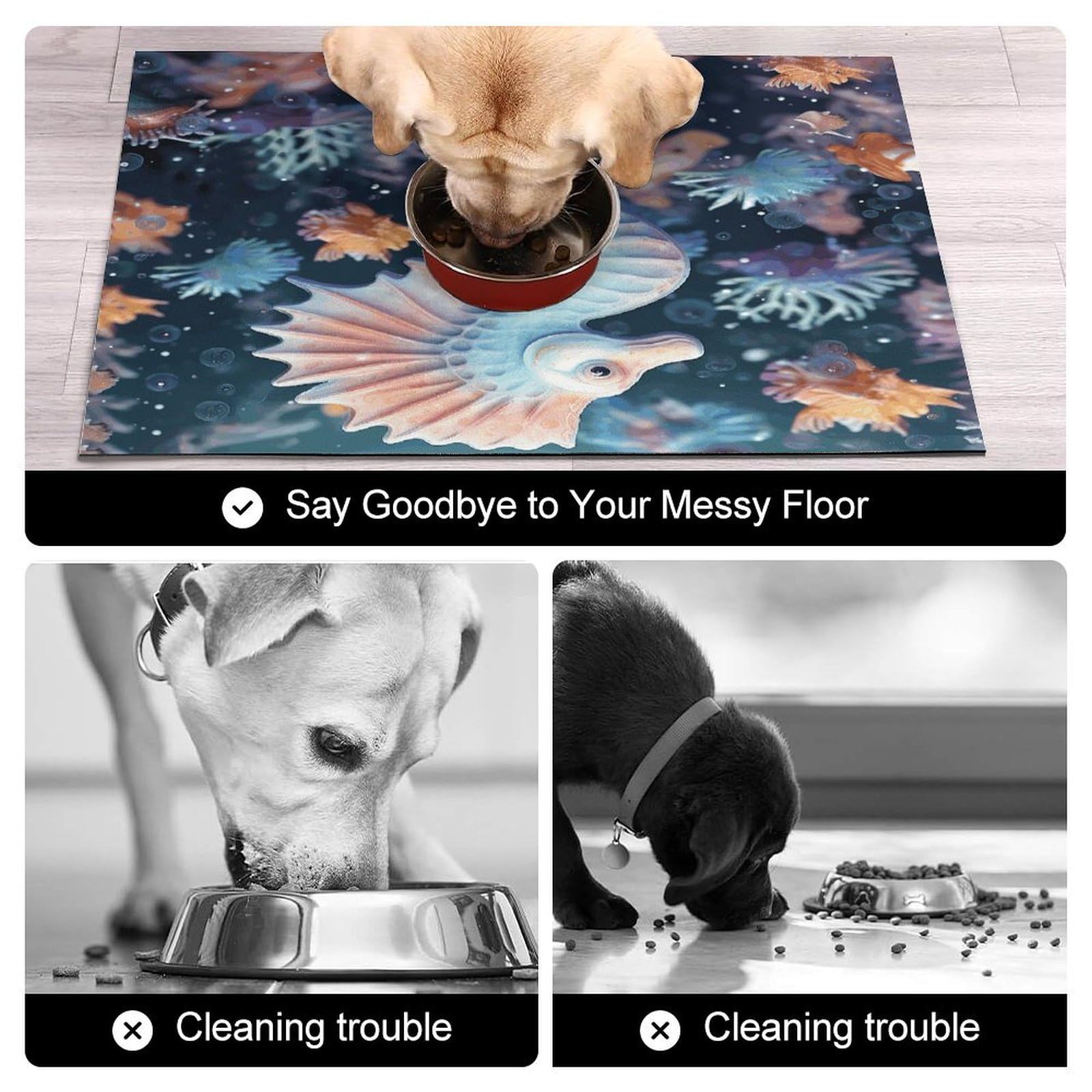 Tapis de nourriture pour chat hippocampe et étoile de mer - Antidérapant - Facile à nettoyer pour la nourriture et l'eau - 43,2 x 76,2 cm