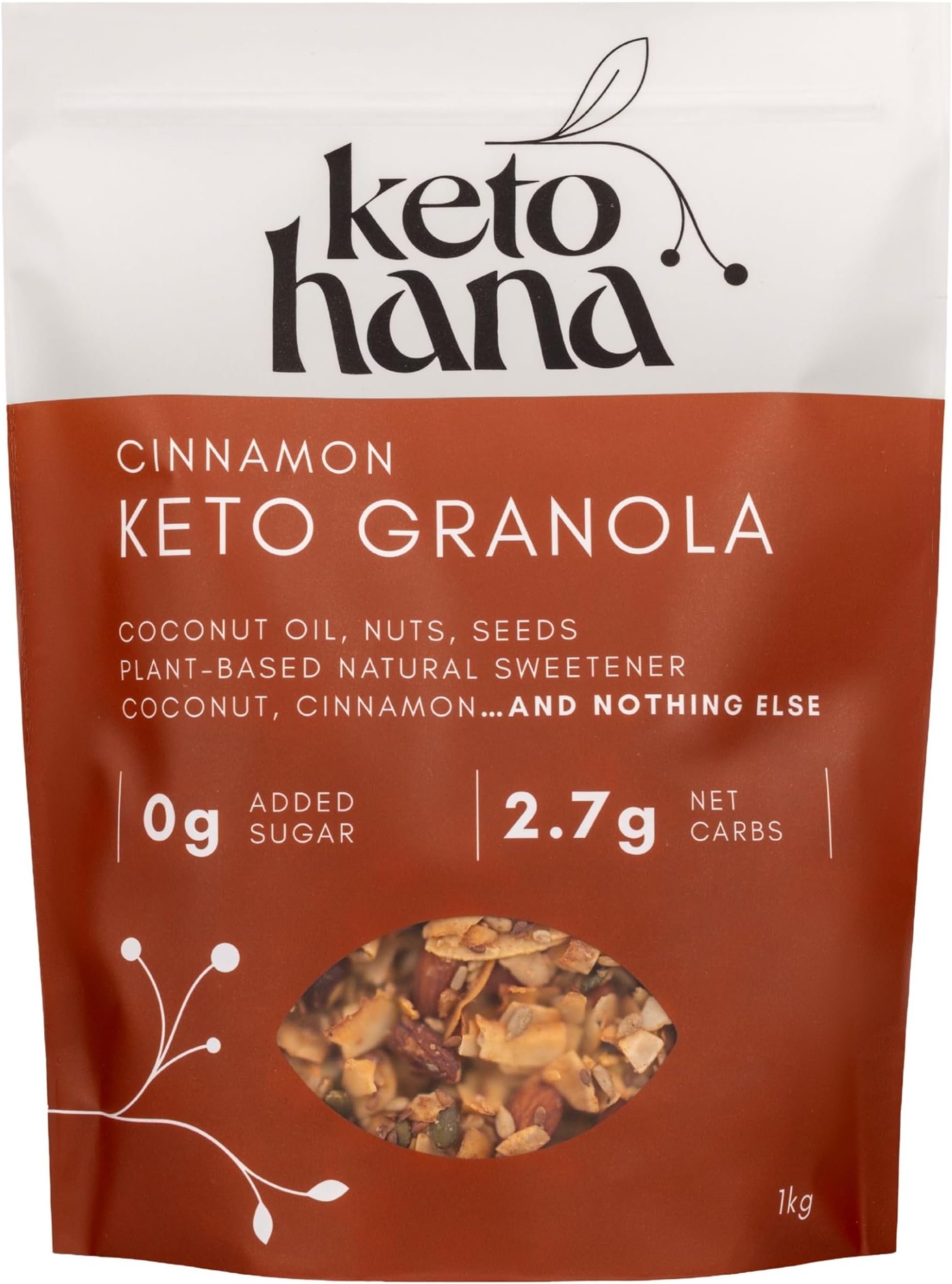 Cinnamon Keto Granola Keto Diet Vegan Grain Free Dairy Free Plant Based No Refined Sugars Gluten Free 1.2g Net Carbs Breakfast Cereal - Bulk, Family Pack 1kg/2.2lbs