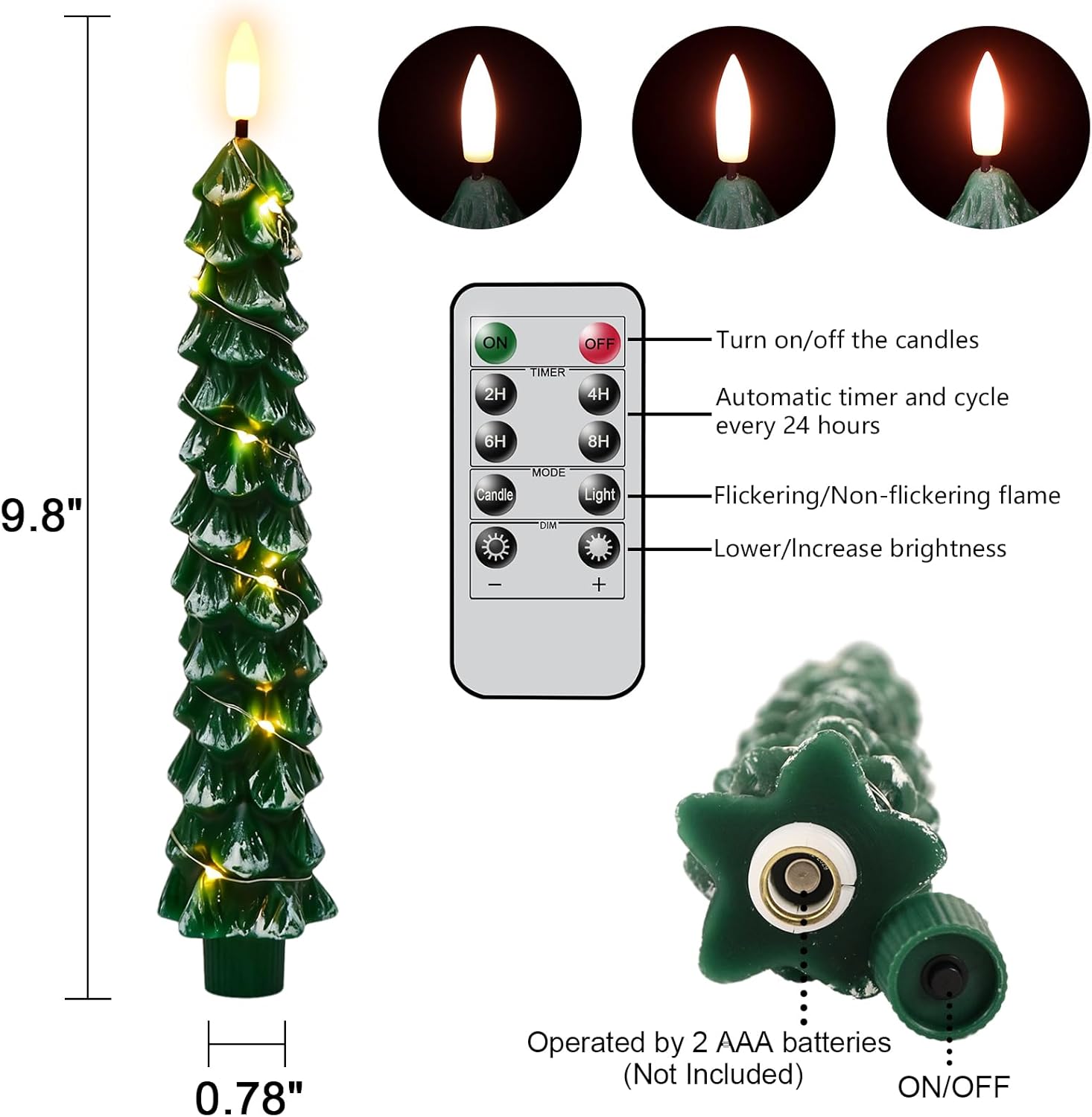 GenSwin Flameless Christmas Tree Candles with Remote Timer, Real Wax Christmas Tree Flameless Taper Candles Battery Operated with String Lights, Set of 4 LED Tree Candlesticks for Home Winter Decor - Image 6