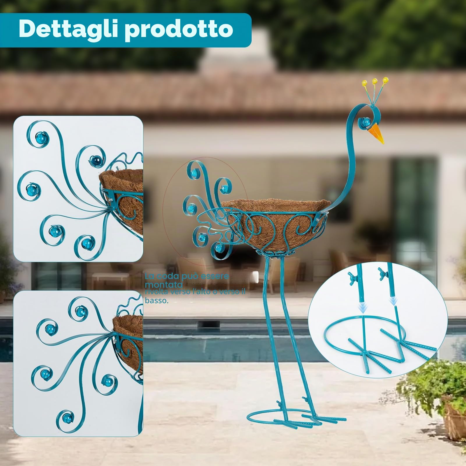 2 vasi da fiori Blue Peacock con cestino, vaso da giardino in metallo per interni ed esterni, decorazione per giardino, prato e patio