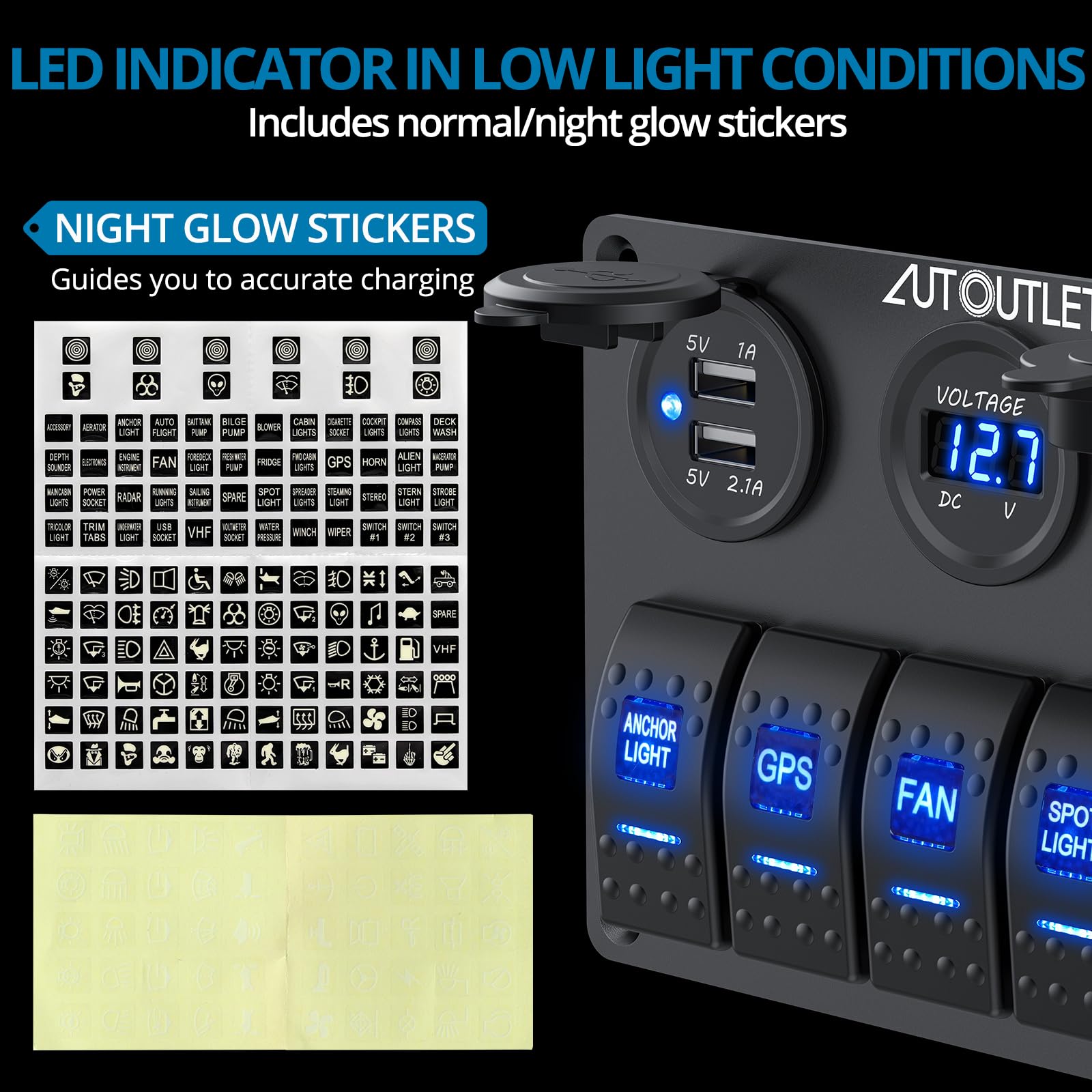 AUTOUTLET Panel przełączników 5-biegunowy, 12 V/24 V, przełącznik dźwigienkowy, IP66, wodoszczelna, podwójna ładowarka USB, woltomierz LED, zapalniczka z naklejką świetlną, do samochodów, łodzi, łodzi