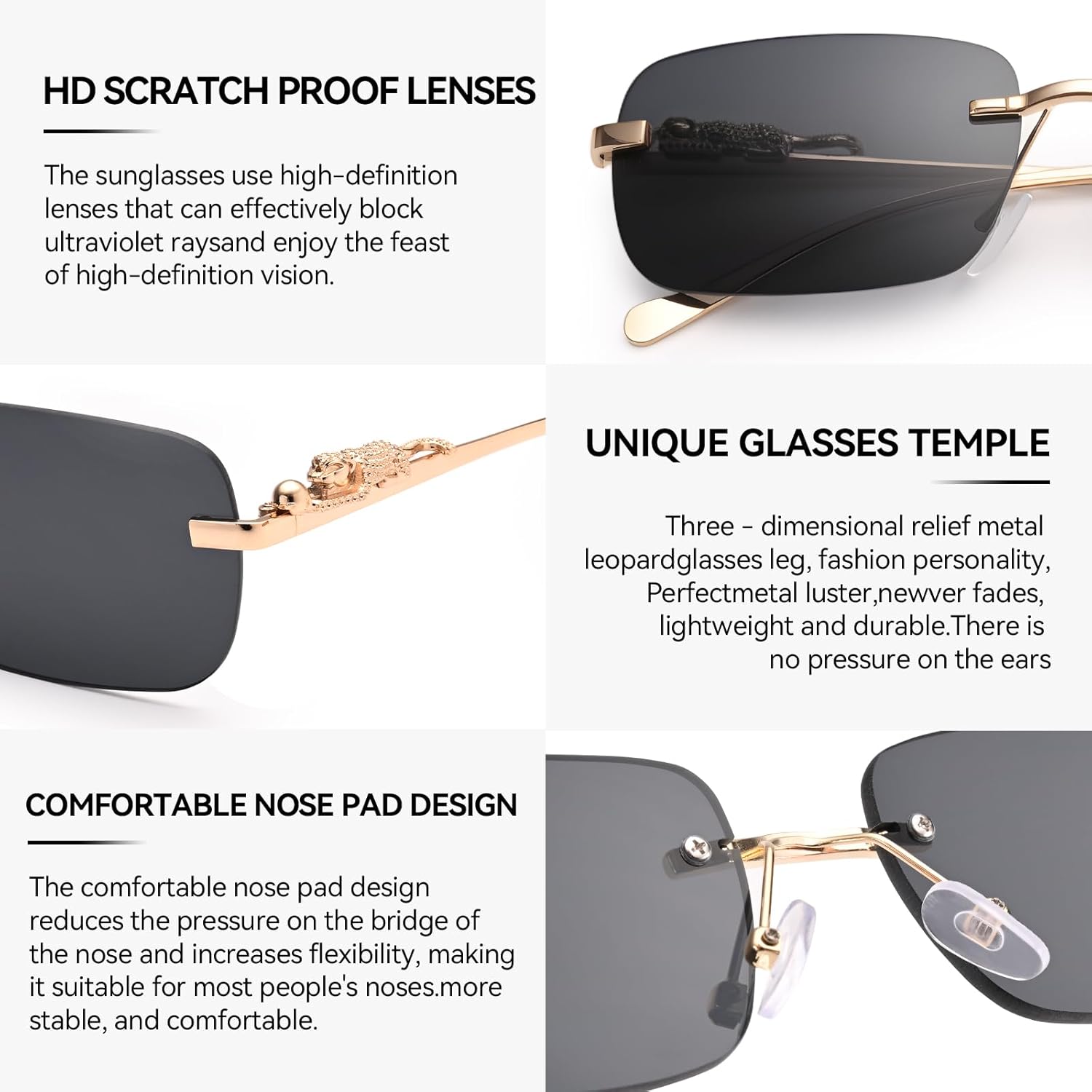 Dollger Rectangle Rimless Sunglasses for Women Men Leopard Arms 70s 80s Retro Sun Glasses