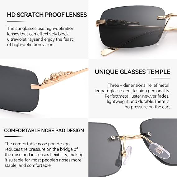 Dollger Rectangle Rimless Sunglasses for Women Men Leopard Arms 70s 80s Retro Sun Glasses
