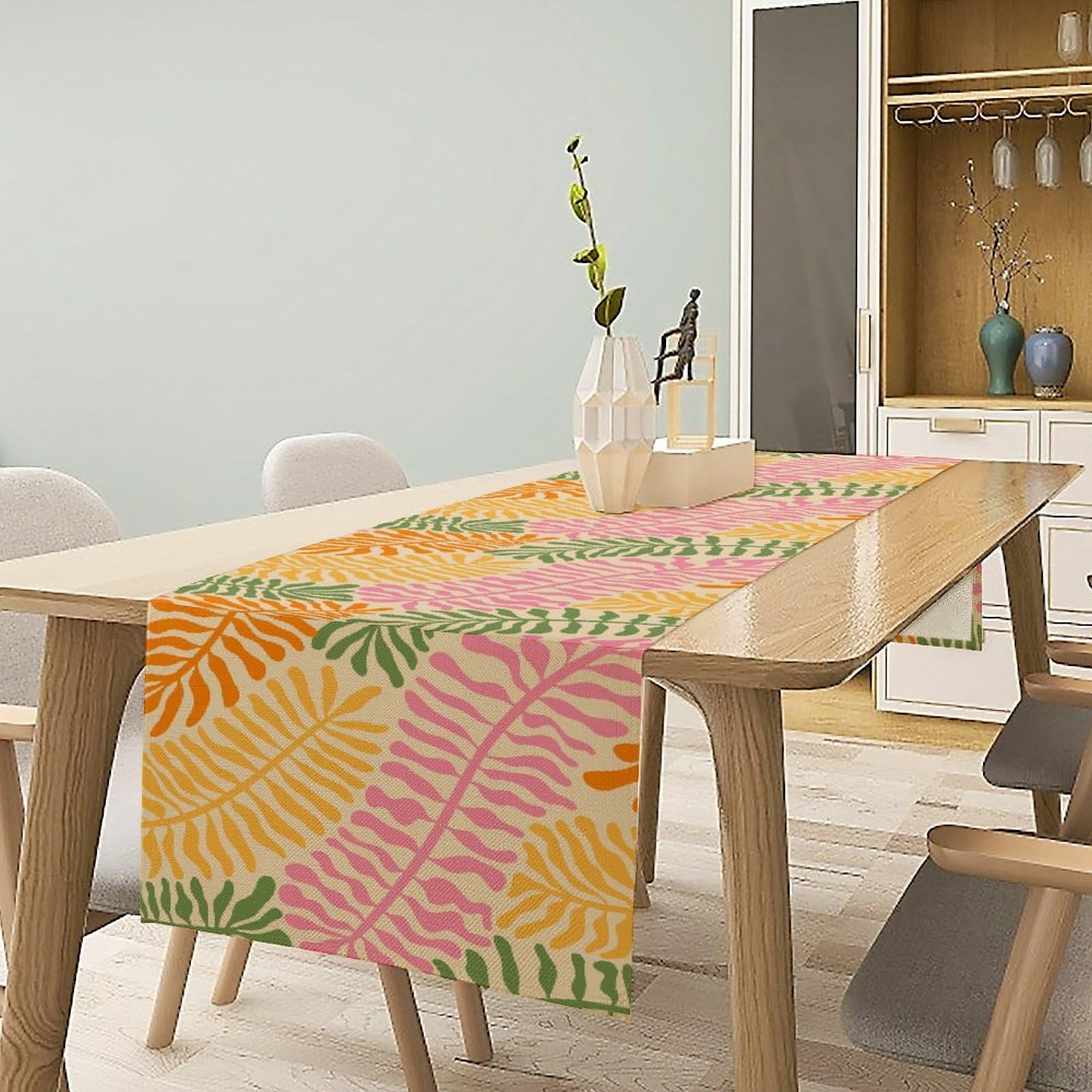 Janjcurt Hippie-8 Boho Leaf Table Runner, Mid Century Retro Groovy Flowers 70S 60S Style Minimalist Plants Print Table Runner For Holiday Home Picnic Party Wedding Buffet Kitchen 13X108 Inch
